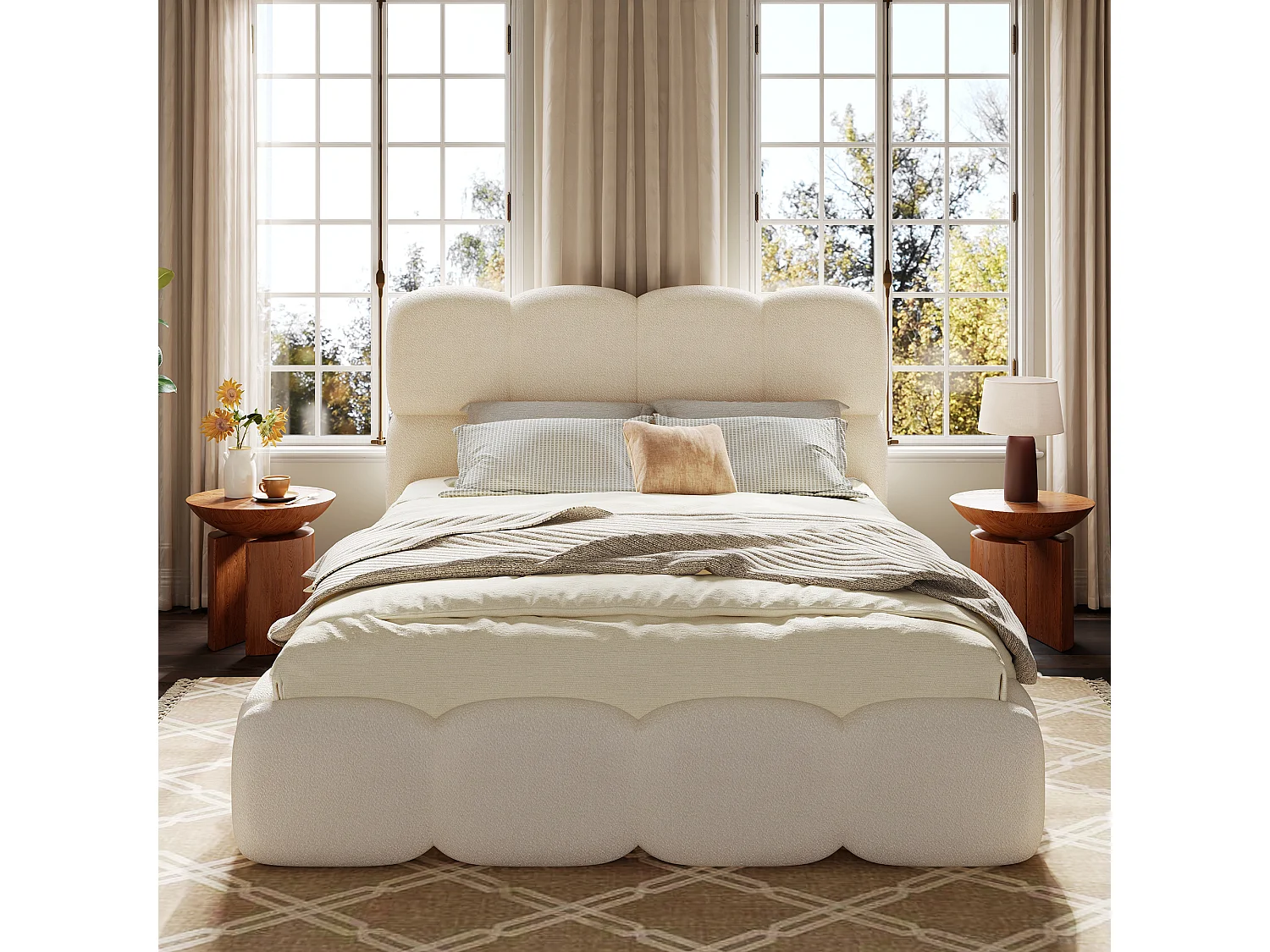 Lit coffre double rembourré 140x200 cm - avec sommier à lattes - tissu bouclé - blanc (matelas non inclus)