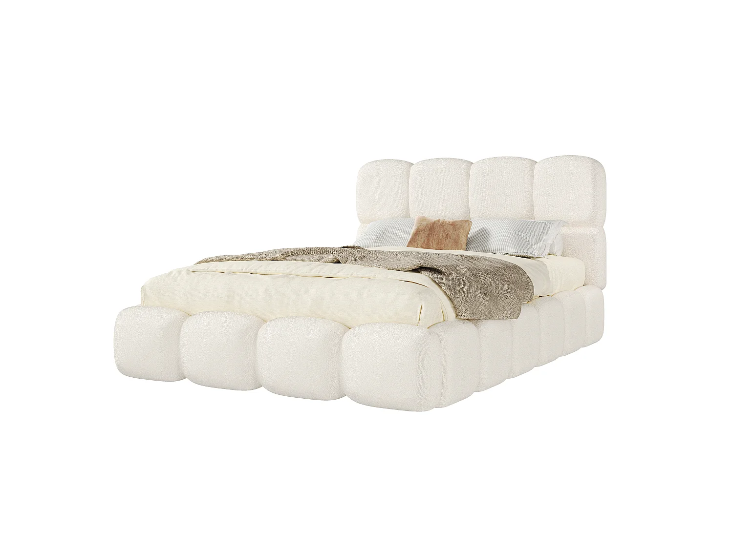 Lit coffre double rembourré 140x200 cm - avec sommier à lattes - tissu bouclé - blanc (matelas non inclus)