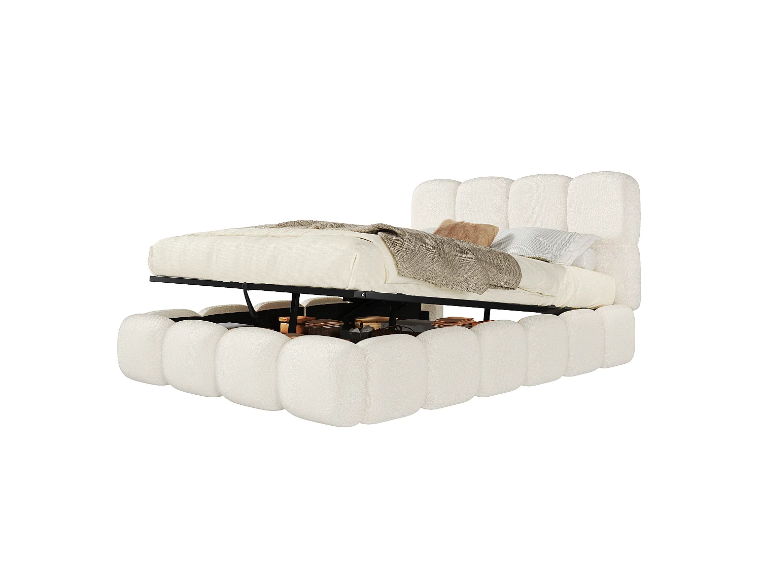 Lit coffre double rembourré 140x200 cm - avec sommier à lattes - tissu bouclé - blanc (matelas non inclus)