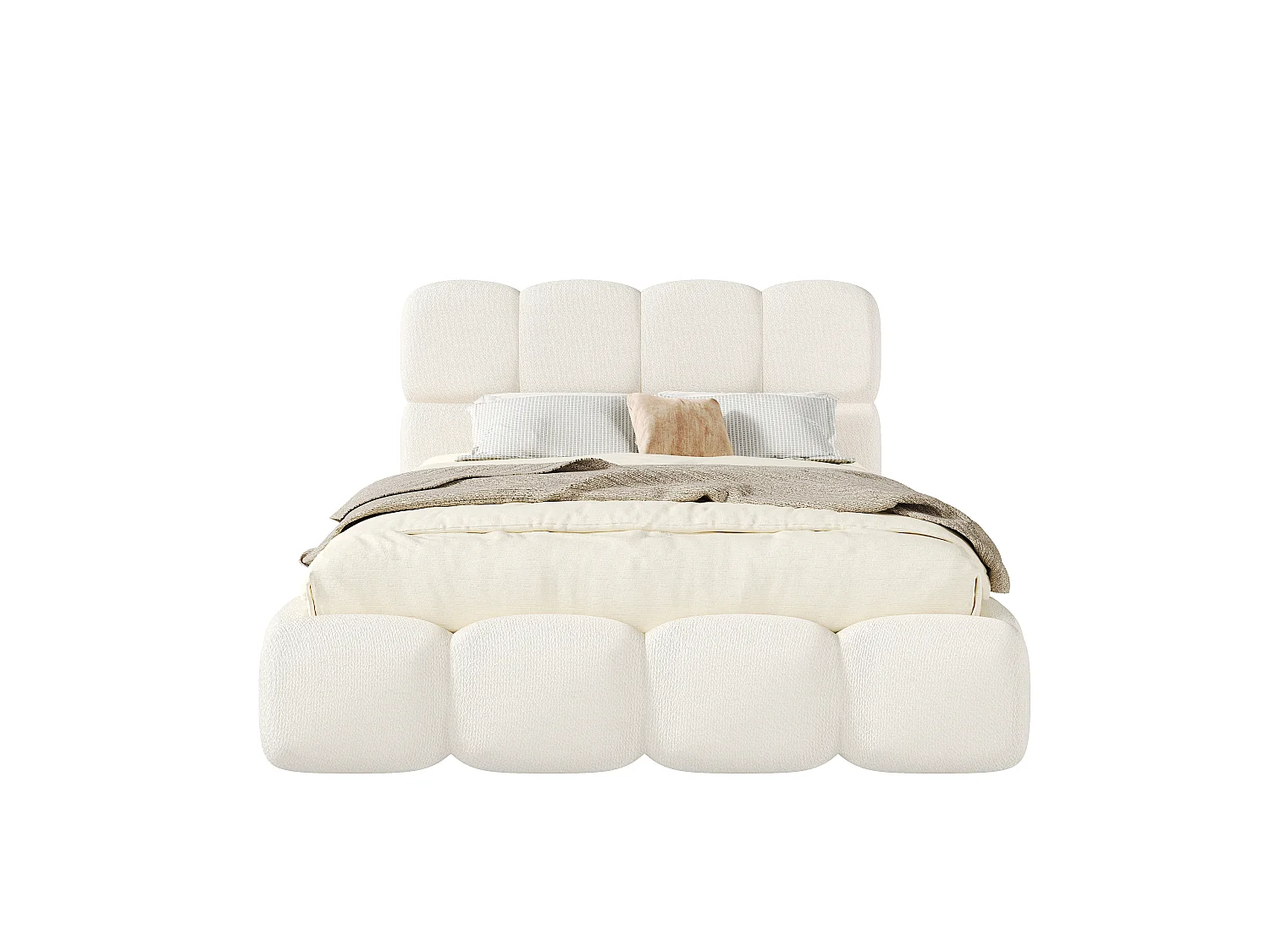 Lit coffre double rembourré 140x200 cm - avec sommier à lattes - tissu bouclé - blanc (matelas non inclus)