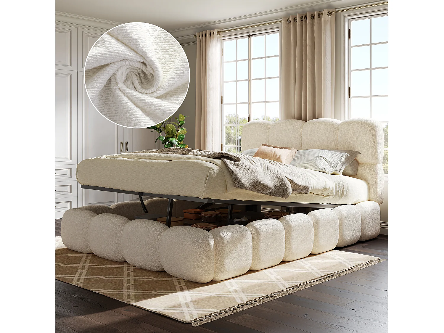 Lit coffre double rembourré 140x190 cm - avec sommier à lattes - tissu bouclé - blanc (matelas non inclus)