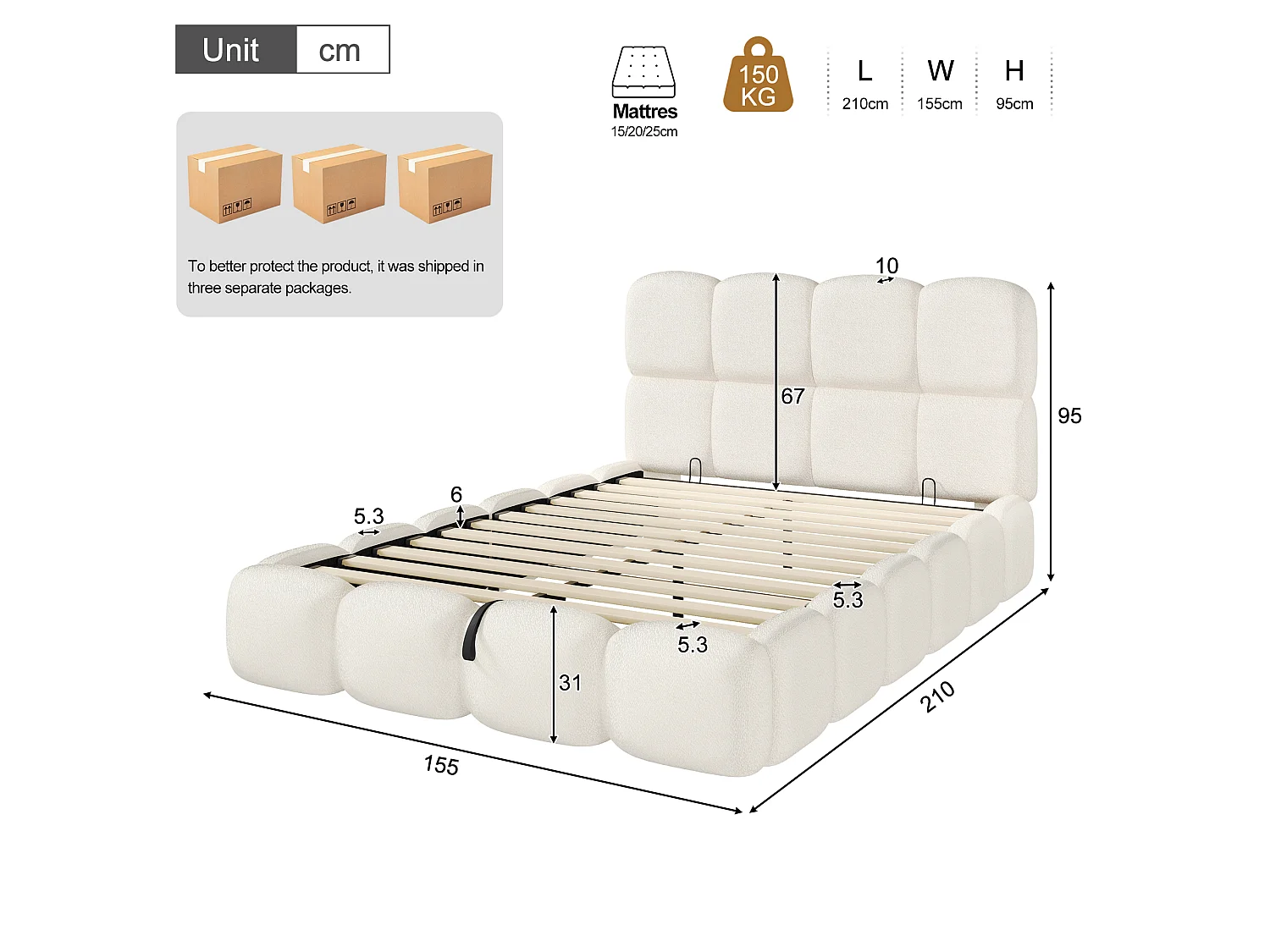 Lit coffre double rembourré 140x190 cm - avec sommier à lattes - tissu bouclé - blanc (matelas non inclus)