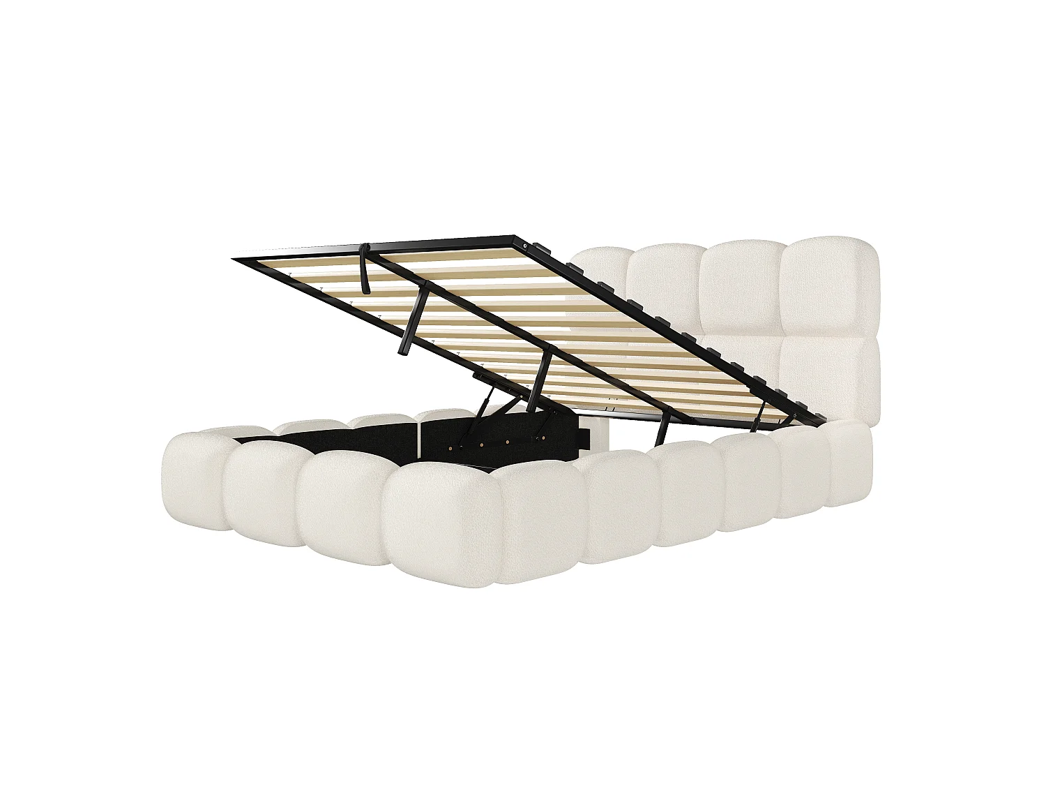 Lit coffre double rembourré 140x190 cm - avec sommier à lattes - tissu bouclé - blanc (matelas non inclus)