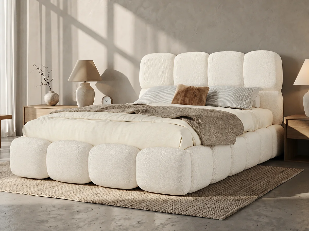 Lit coffre double rembourré 140x190 cm - avec sommier à lattes - tissu bouclé - blanc (matelas non inclus)