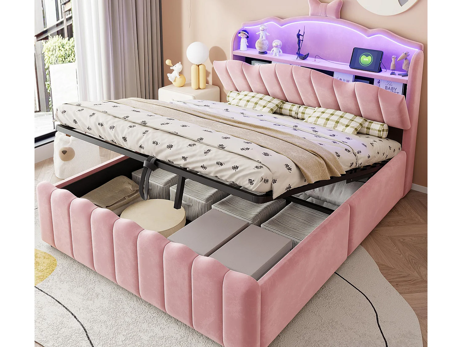 Lit coffre capitonné 140 x 200 cm - velours - avec lumière LED - avec port de chargement USB - rose (matelas non inclus)