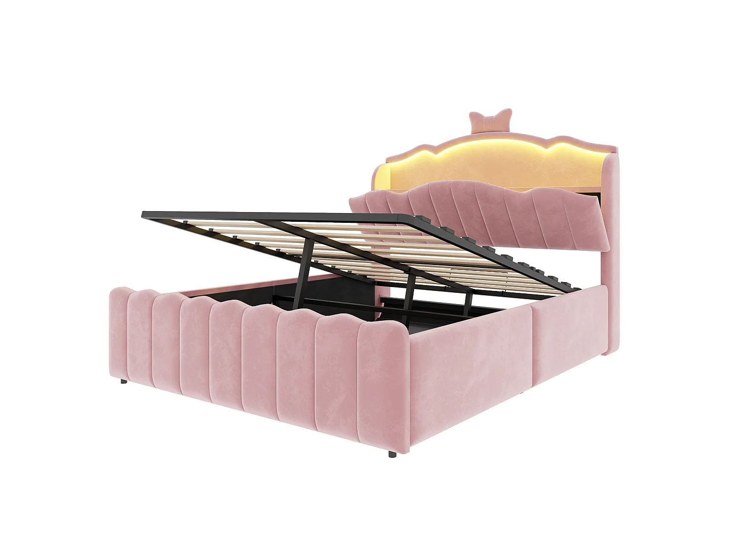 Lit coffre capitonné 140 x 200 cm - velours - avec lumière LED - avec port de chargement USB - rose (matelas non inclus)