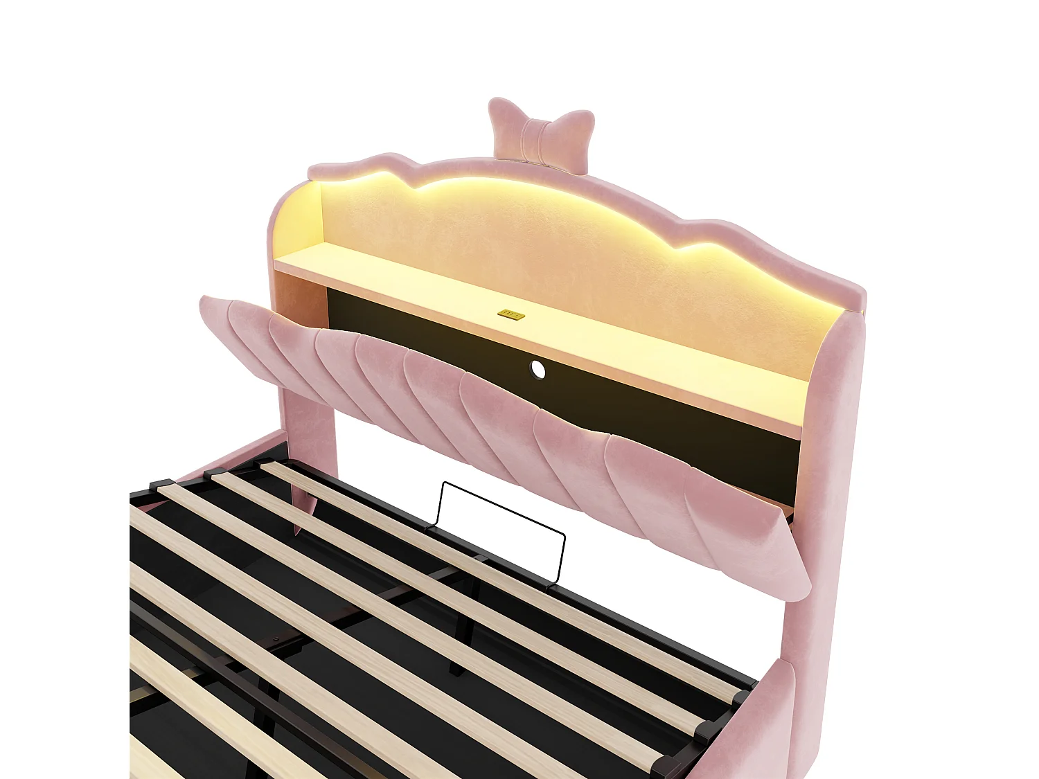 Lit coffre capitonné 140 x 200 cm - velours - avec lumière LED - avec port de chargement USB - rose (matelas non inclus)