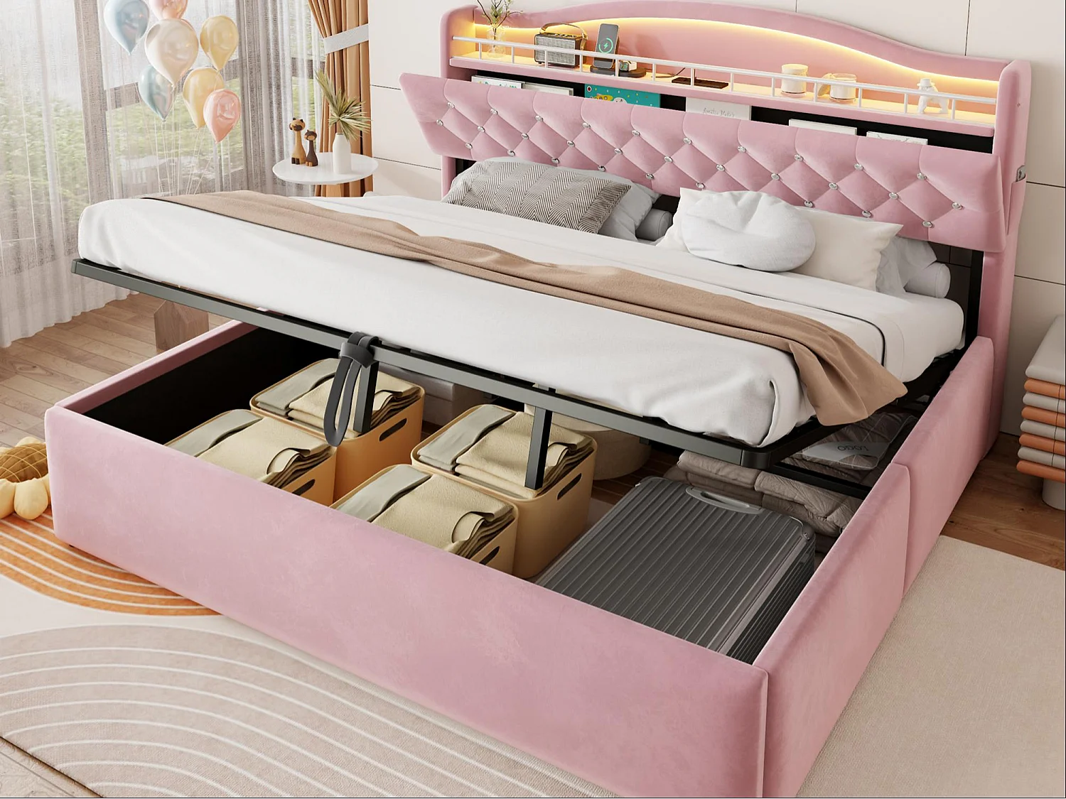 Lit coffre capitonné 180 x 200 cm - avec lumière LED - avec port de chargement USB - Rose (matelas non inclus)