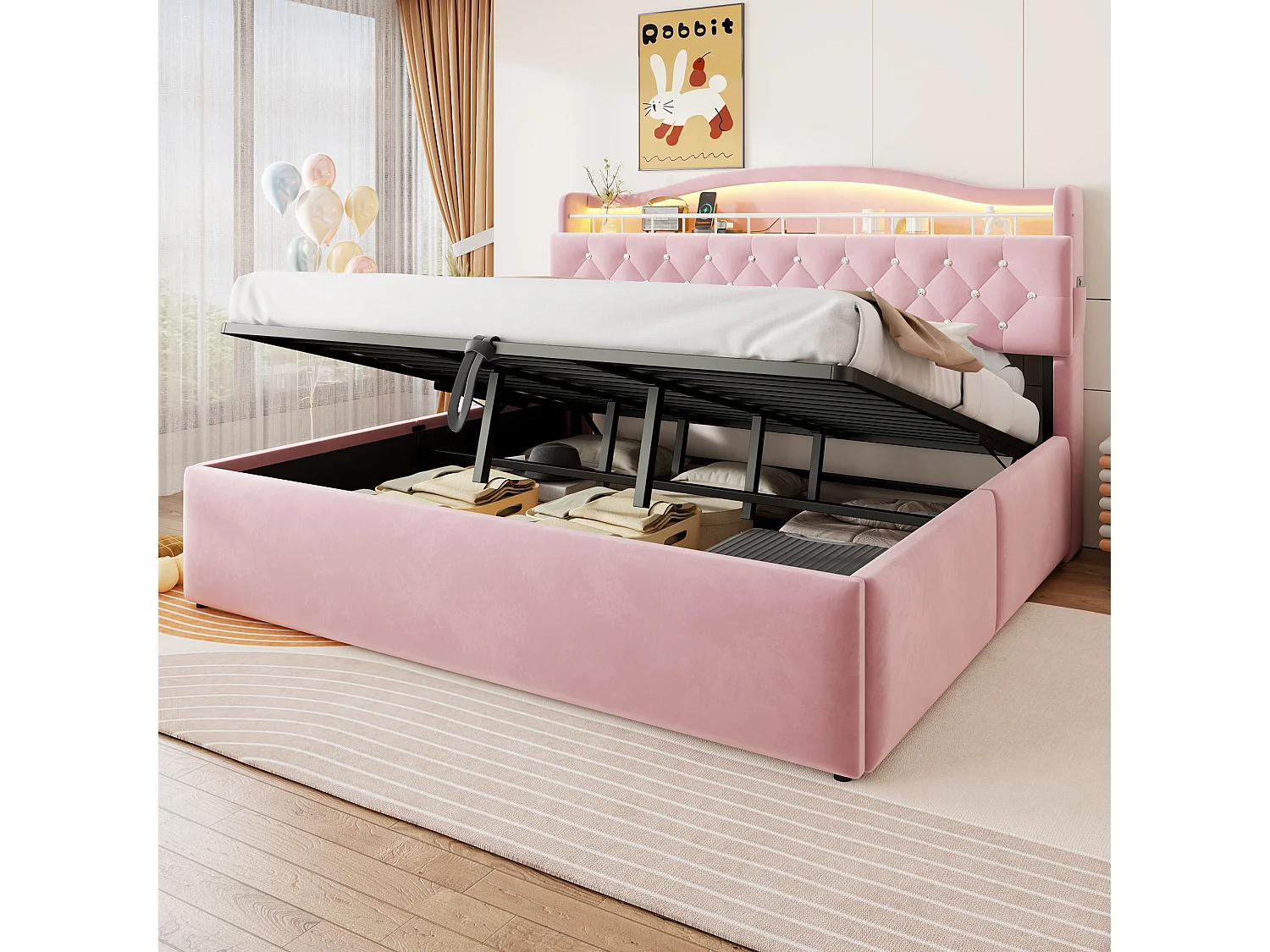 Lit coffre capitonné 180 x 200 cm - avec lumière LED - avec port de chargement USB - Rose (matelas non inclus)