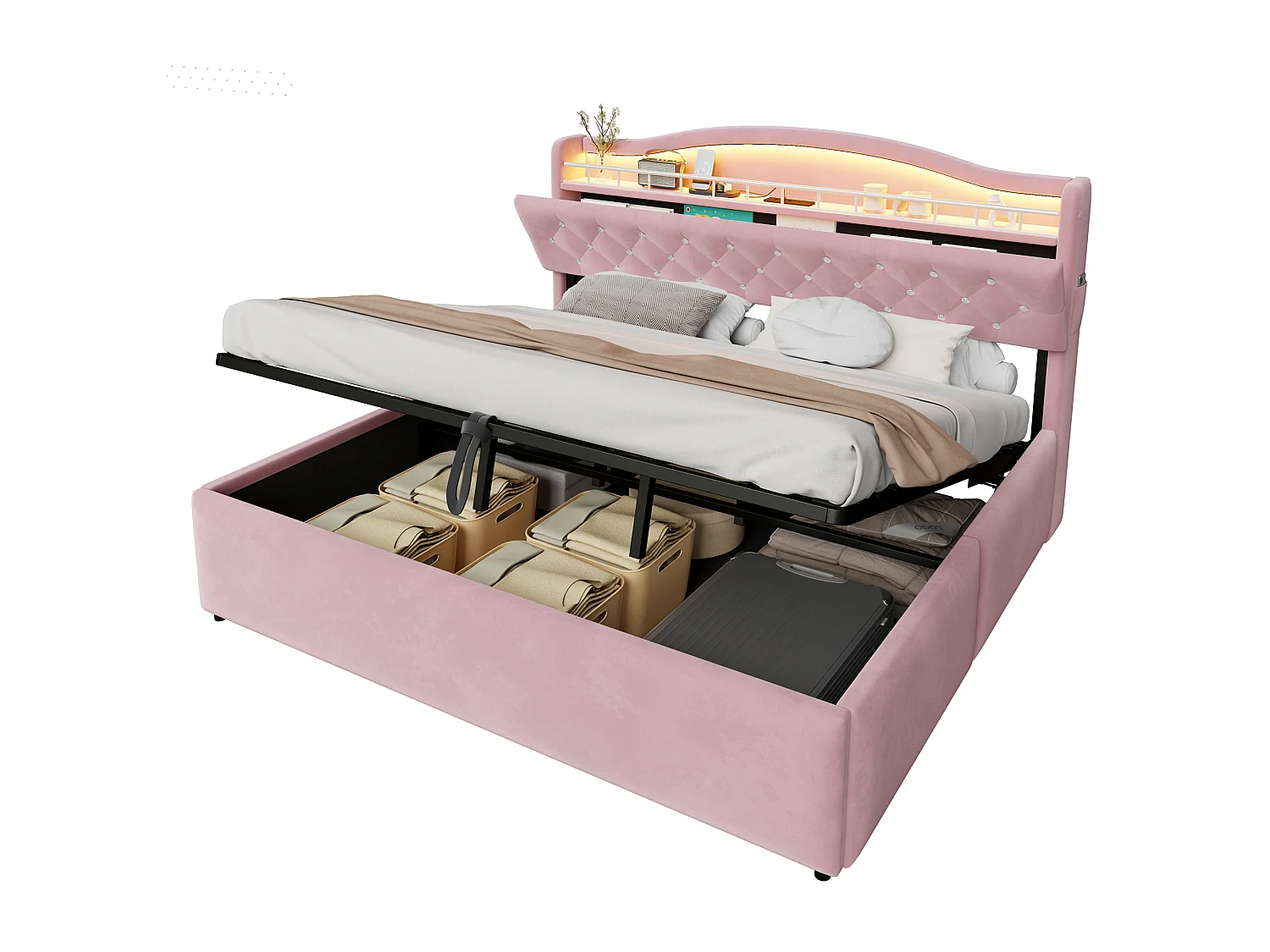 Lit coffre capitonné 180 x 200 cm - avec lumière LED - avec port de chargement USB - Rose (matelas non inclus)