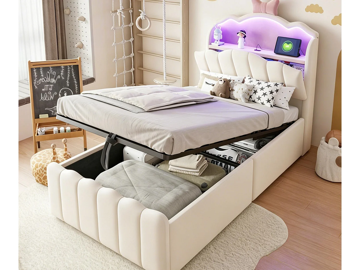 Lit coffre capitonné 90 x 200 cm - velours - avec lumière LED - avec port de chargement USB - beige (matelas non inclus)