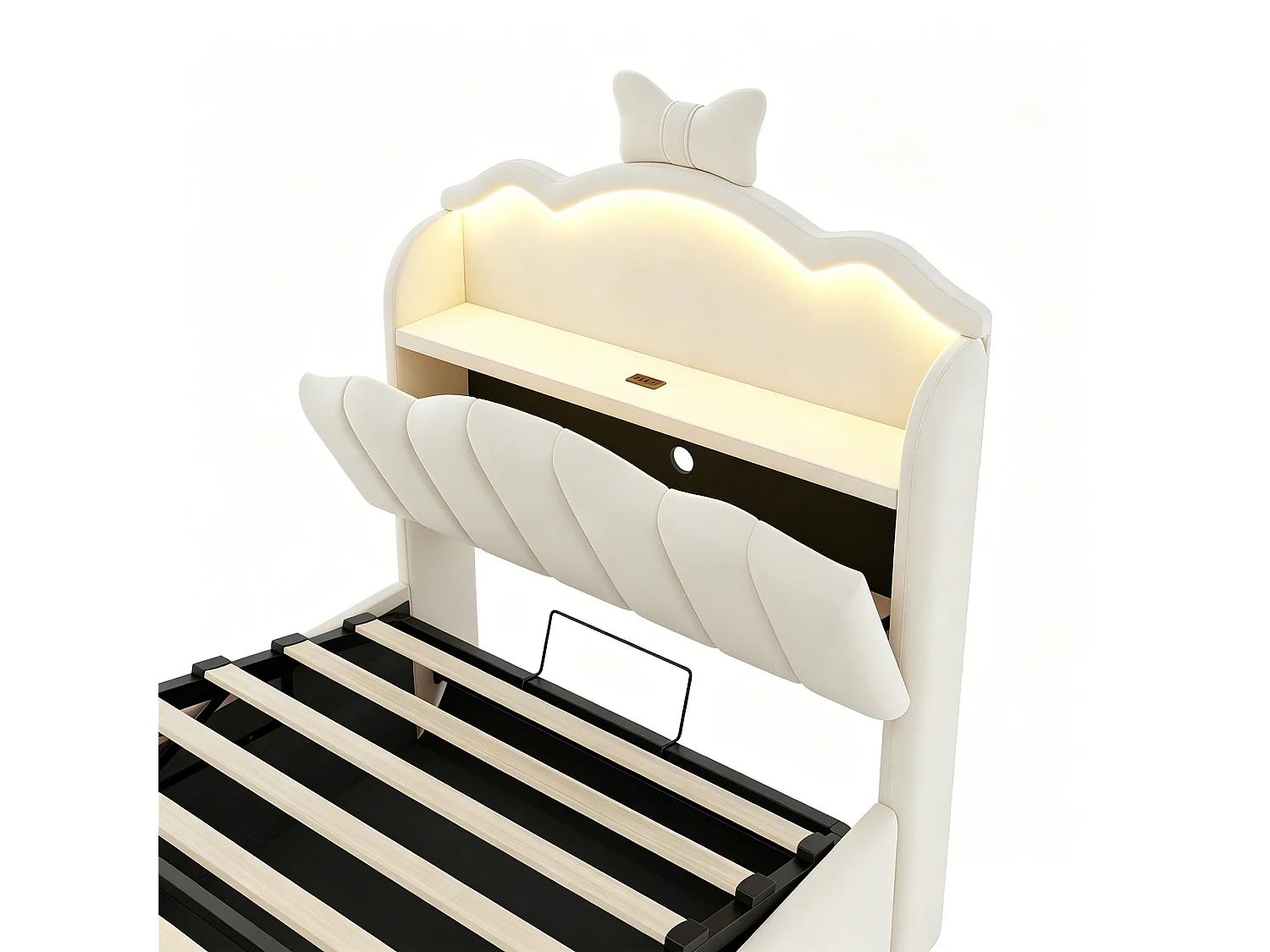 Lit coffre capitonné 90 x 200 cm - velours - avec lumière LED - avec port de chargement USB - beige (matelas non inclus)