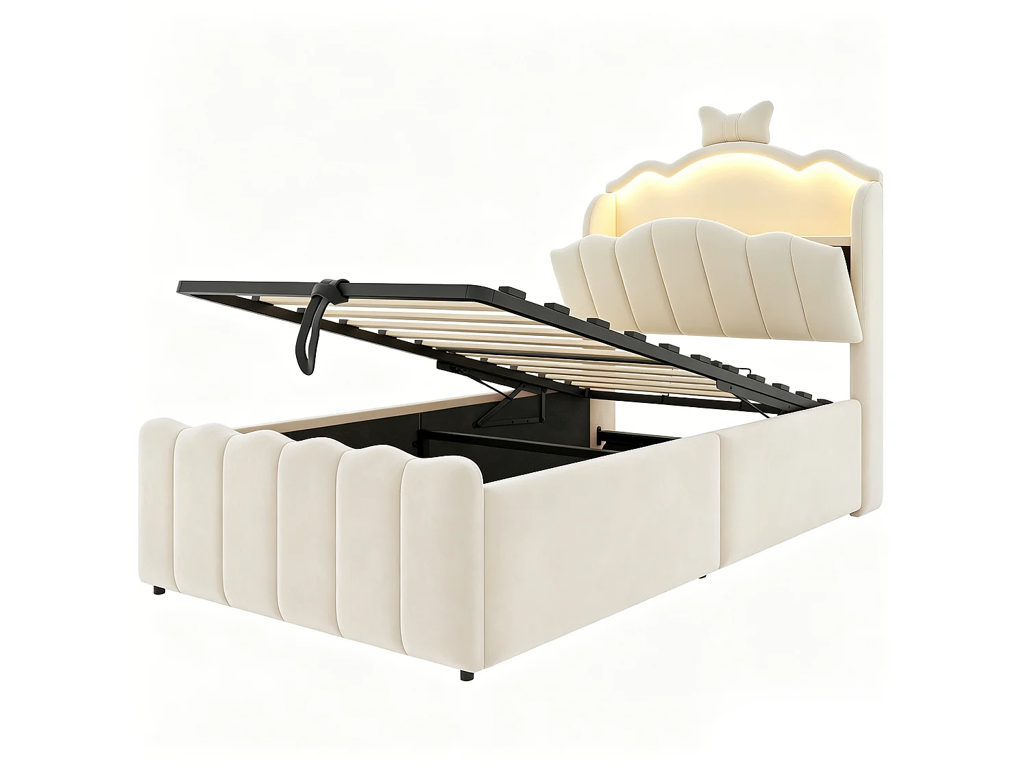 Lit coffre capitonné 90 x 200 cm - velours - avec lumière LED - avec port de chargement USB - beige (matelas non inclus)