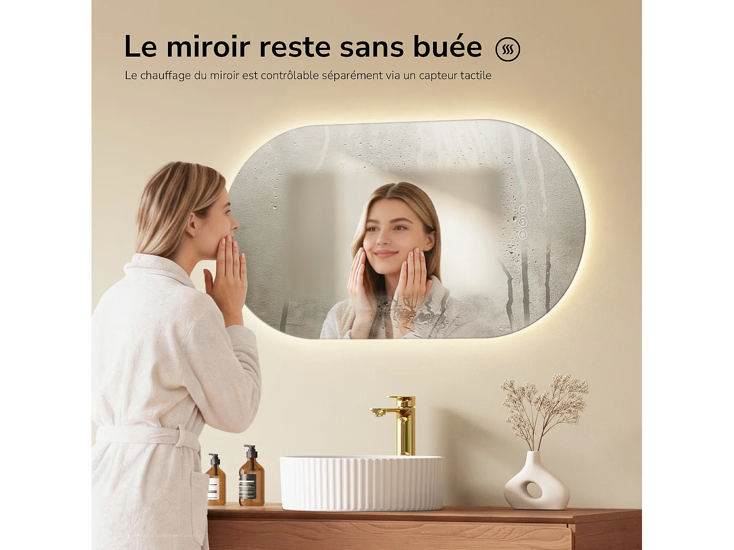 EMKE Miroir de salle de bain LED Ovale 45x75 cm, Anti-buée, interrupteur tactile, 3 couleurs de lumière réglable, Mémoire