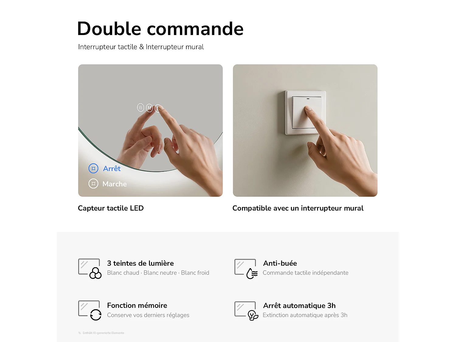 EMKE Miroir de salle de bain LED Ovale 45x75 cm, Anti-buée, interrupteur tactile, 3 couleurs de lumière réglable, Mémoire