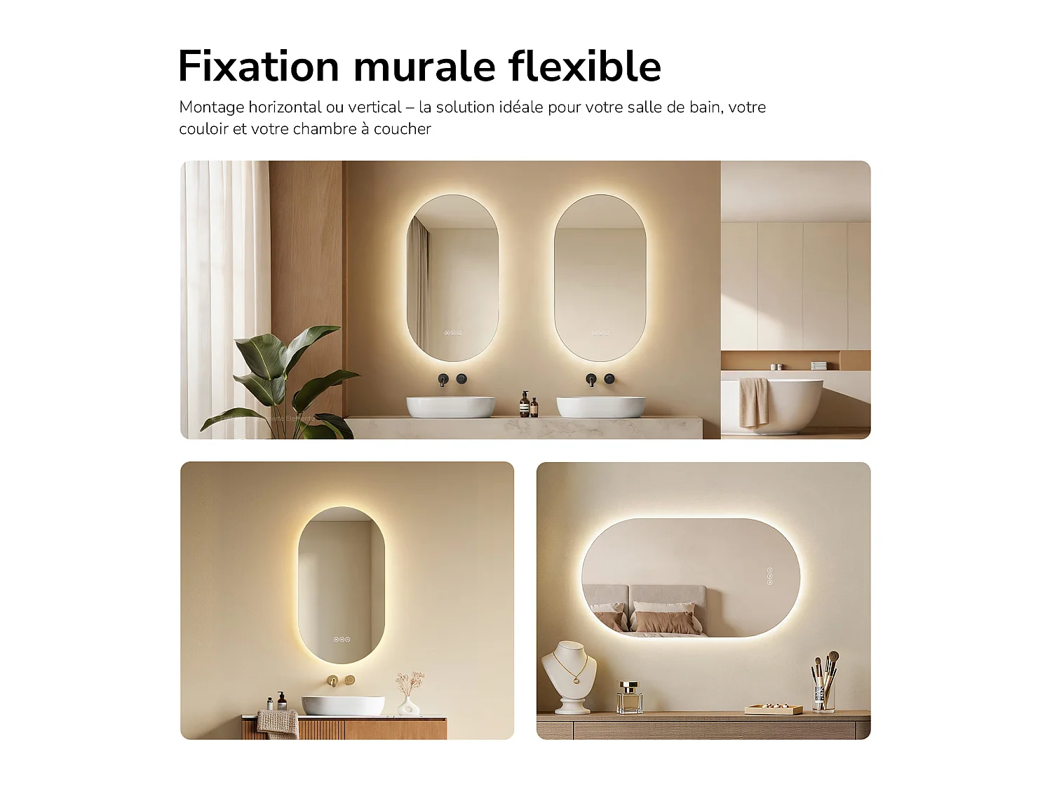 EMKE Miroir de salle de bain LED Ovale 45x75 cm, Anti-buée, interrupteur tactile, 3 couleurs de lumière réglable, Mémoire
