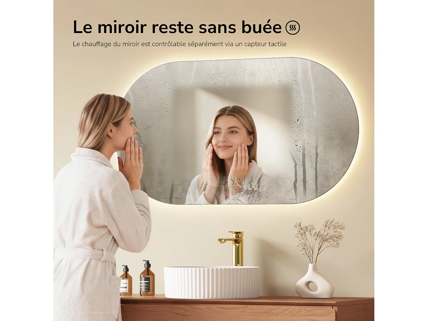 EMKE Miroir de salle de bain LED Ovale 50x90 cm, Anti-buée, interrupteur tactile, 3 couleurs de lumière réglable, Mémoire