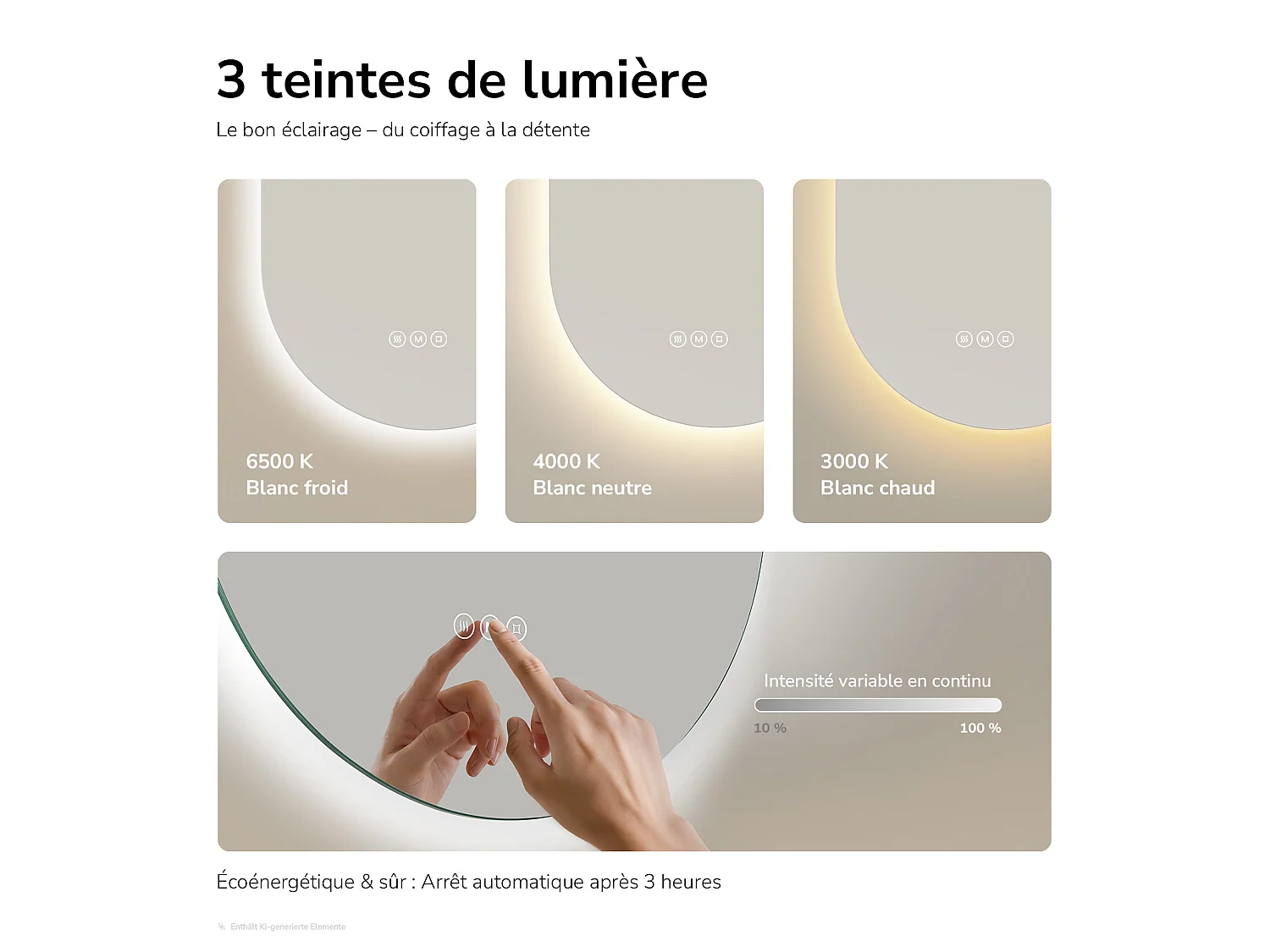EMKE Miroir de salle de bain LED Ovale 50x90 cm, Anti-buée, interrupteur tactile, 3 couleurs de lumière réglable, Mémoire
