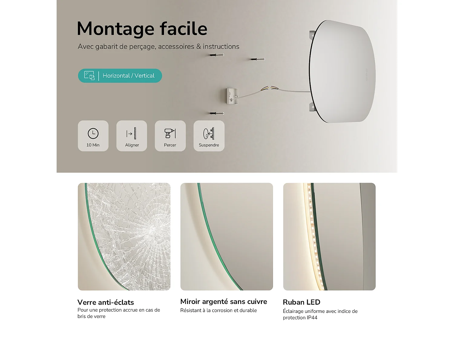 EMKE Miroir de salle de bain LED Ovale 50x90 cm, Anti-buée, interrupteur tactile, 3 couleurs de lumière réglable, Mémoire