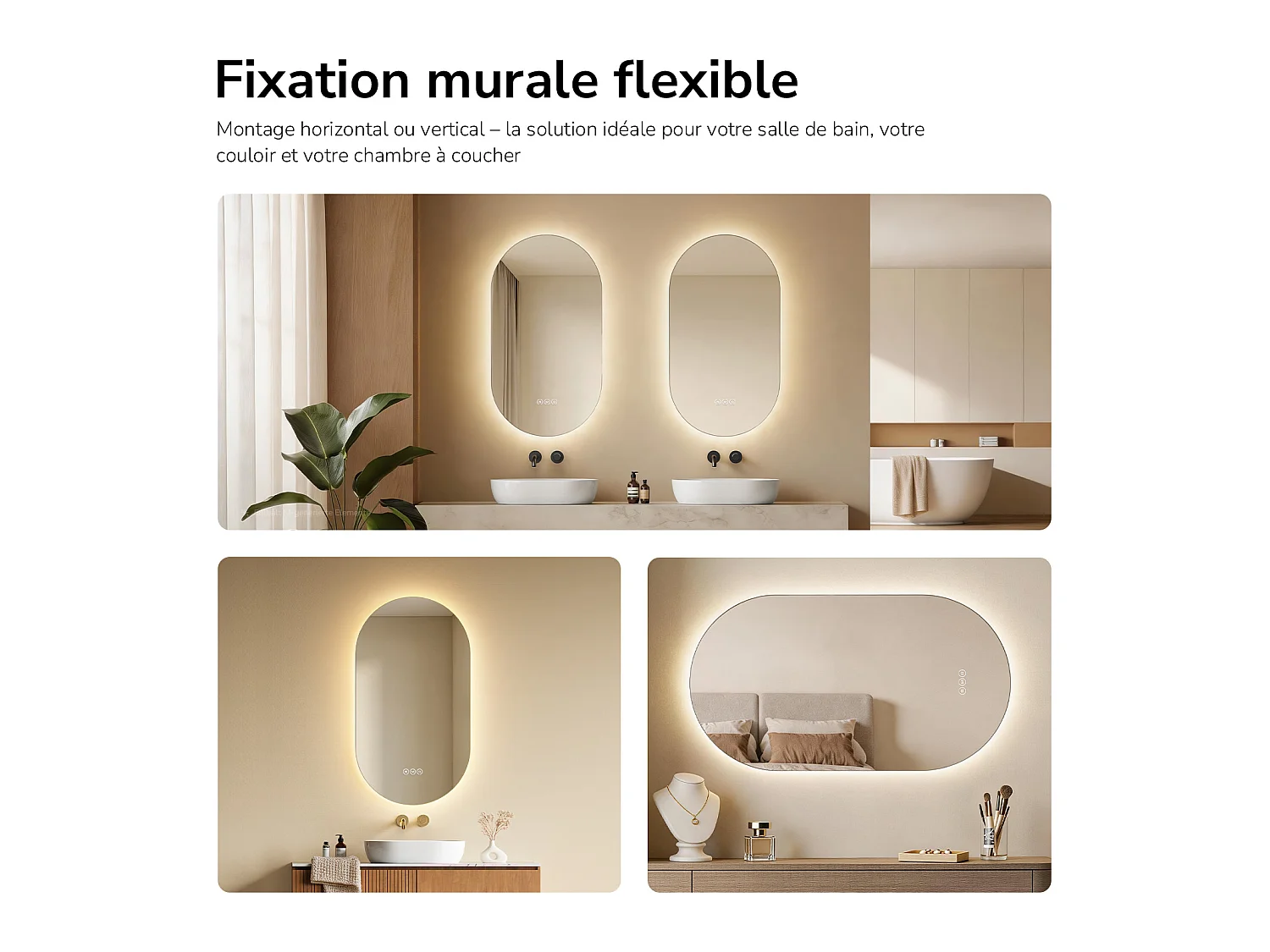 EMKE Miroir de salle de bain LED Ovale 50x90 cm, Anti-buée, interrupteur tactile, 3 couleurs de lumière réglable, Mémoire