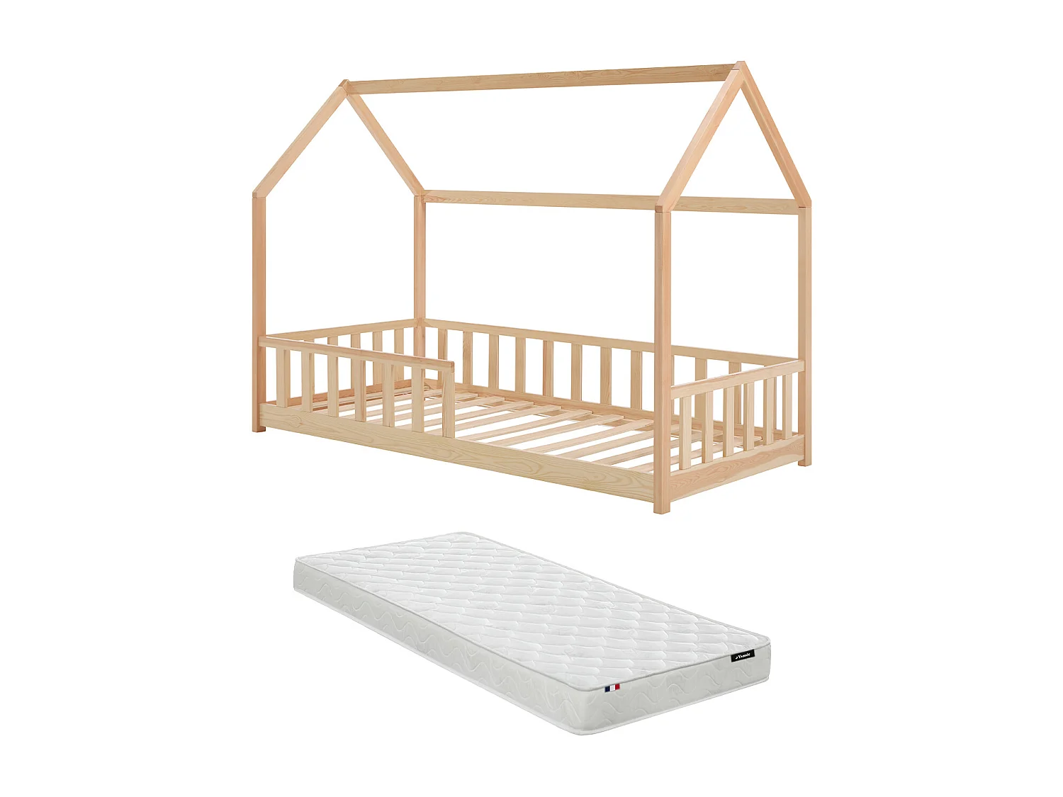 Lit cabane 90 x 190 cm - Pin - Naturel + Matelas - MARTEVI