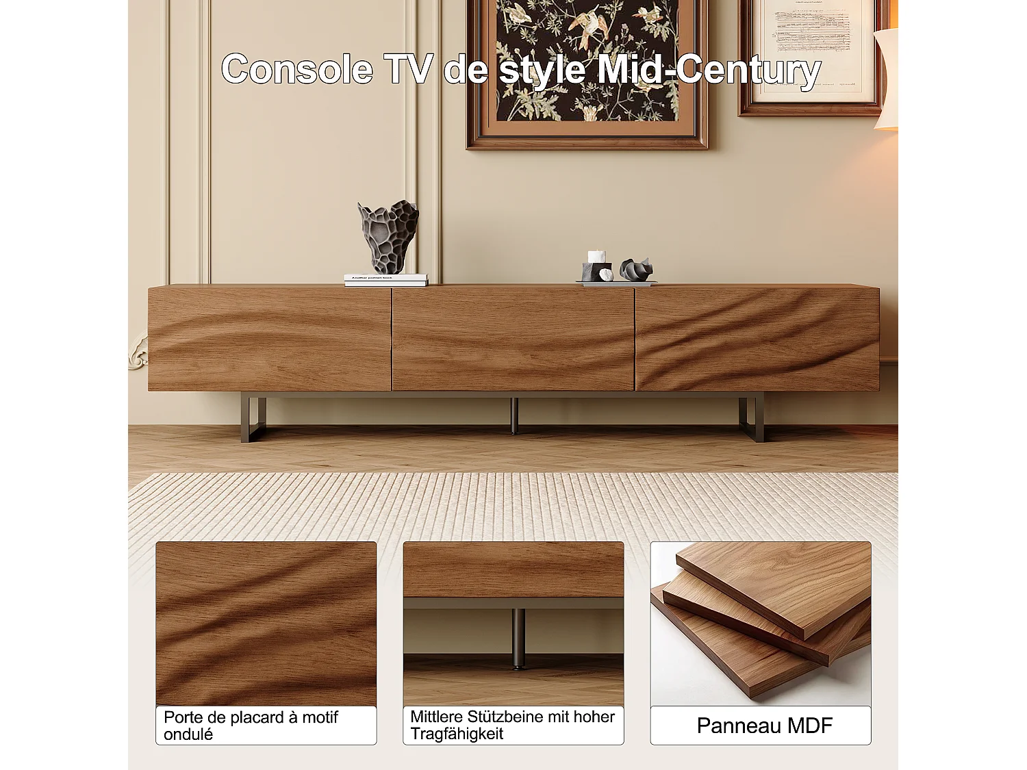 Meuble TV Mid-Century Modern avec façade ondulée, 3 tiroirs et grand rangement, pour TV 75 pouces et plus, finition noyer