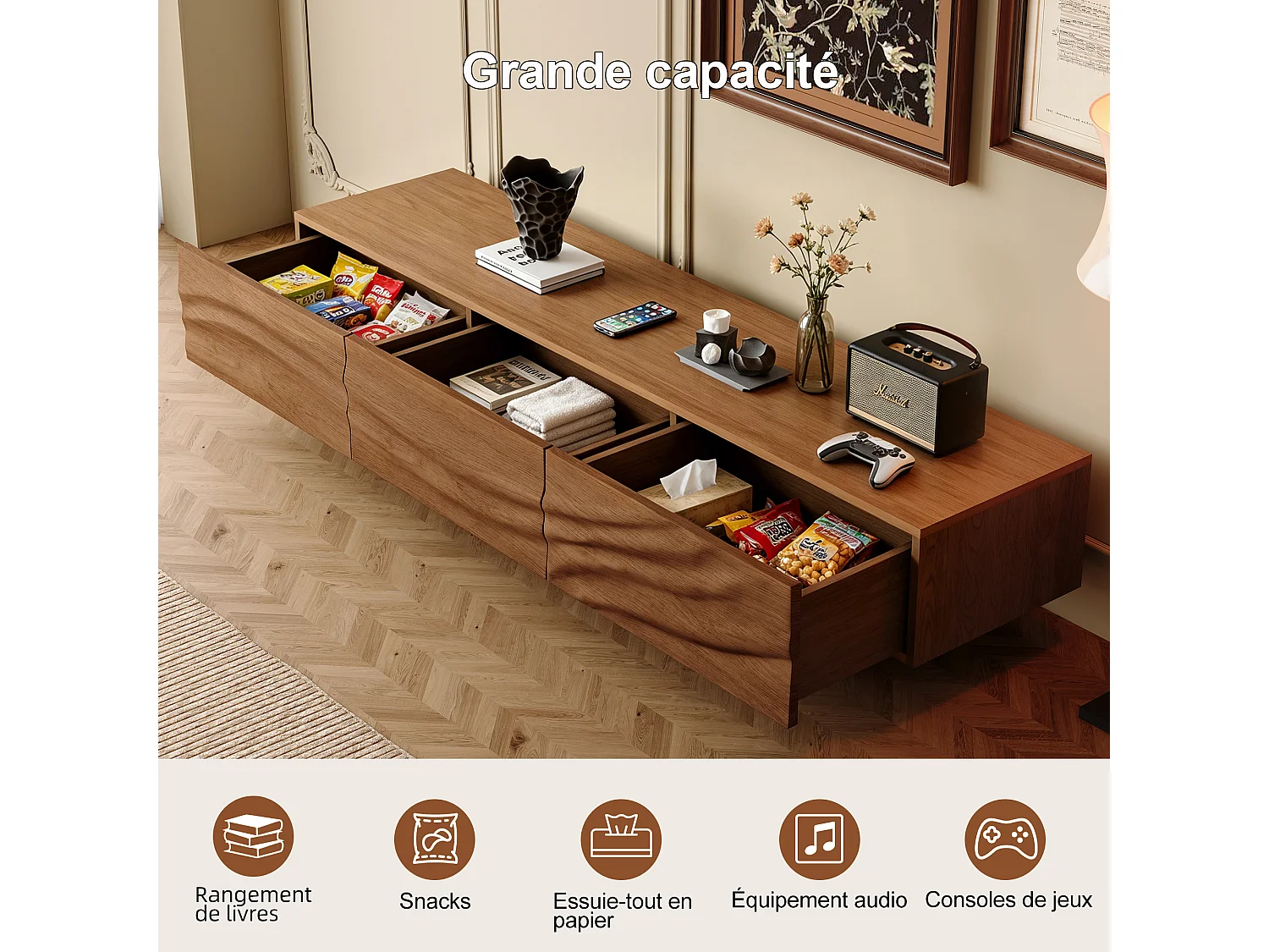 Meuble TV Mid-Century Modern avec façade ondulée, 3 tiroirs et grand rangement, pour TV 75 pouces et plus, finition noyer