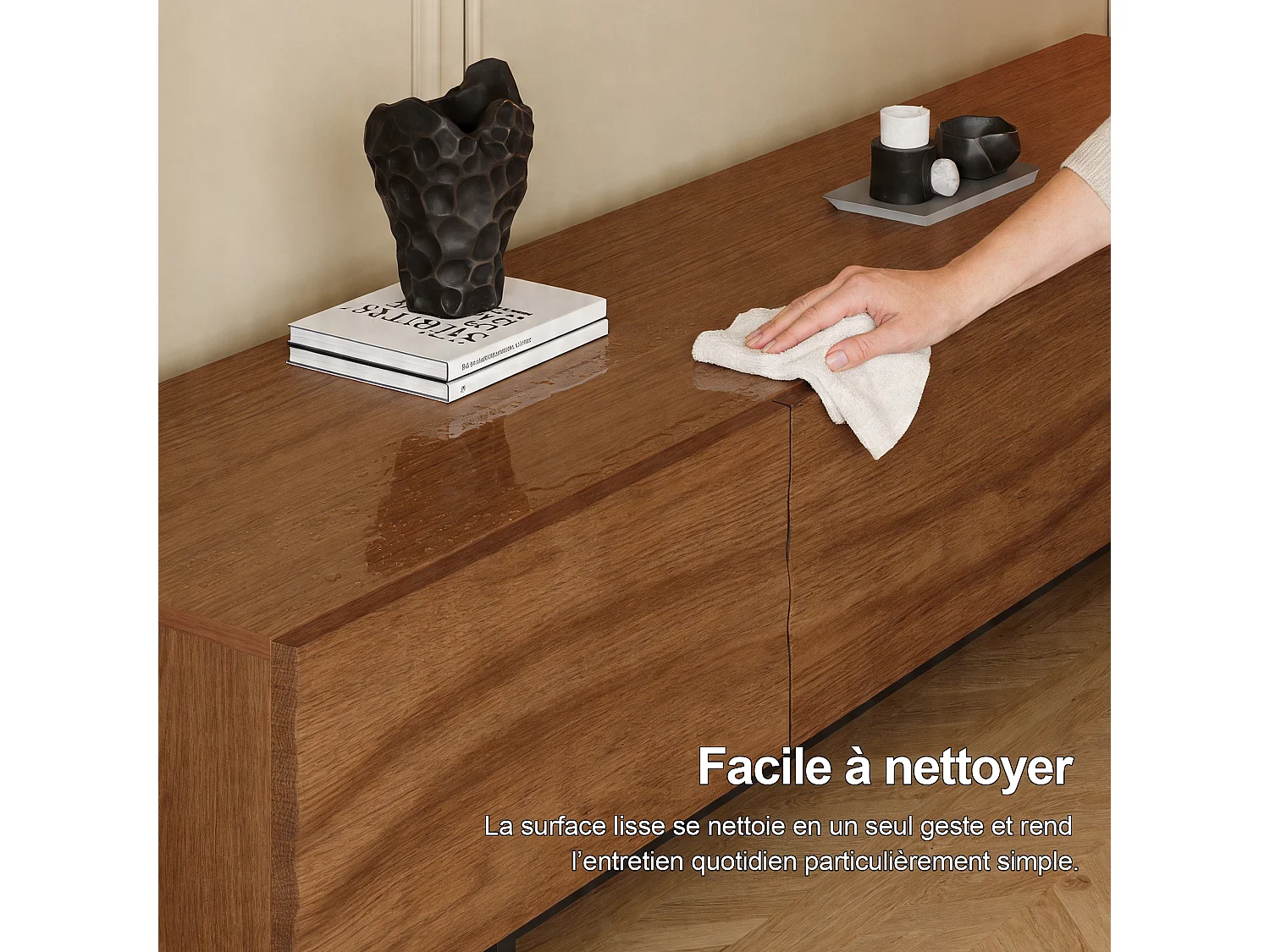 Meuble TV Mid-Century Modern avec façade ondulée, 3 tiroirs et grand rangement, pour TV 75 pouces et plus, finition noyer