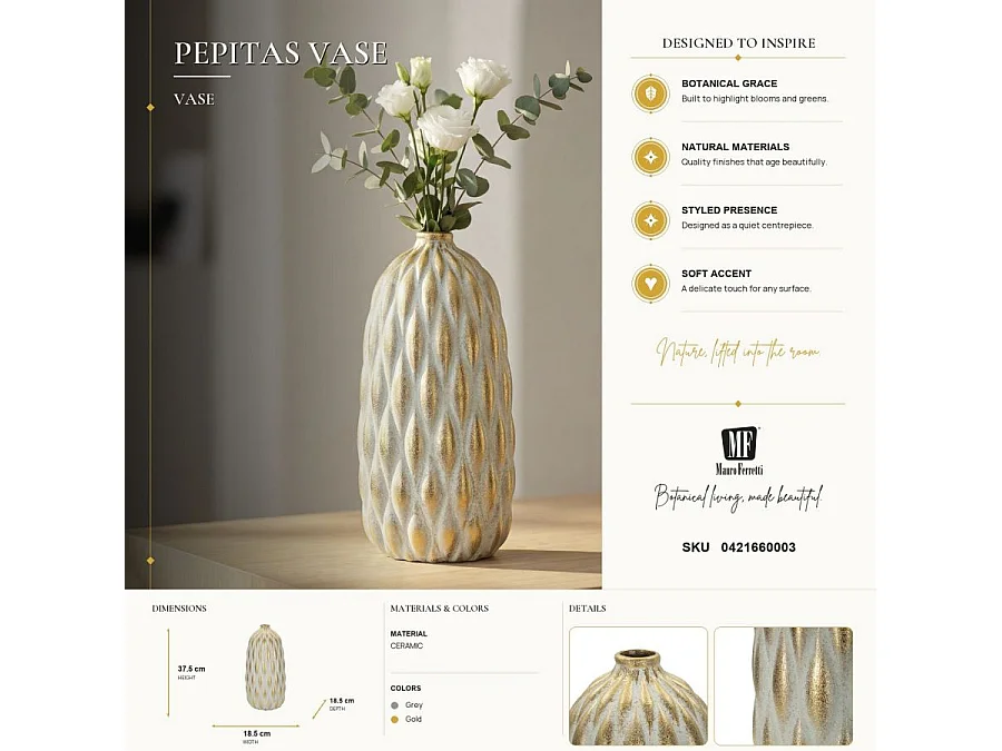 Vase Déco en Céramique "Pepitas" 37cm Gris & Or