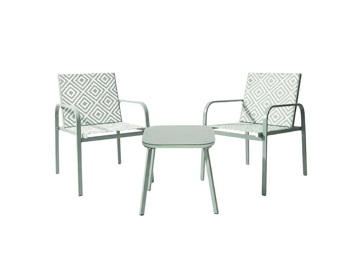 Ensemble jardin 2 fauteuils avec table basse motifs graphiques verts d'eau - AZTEK