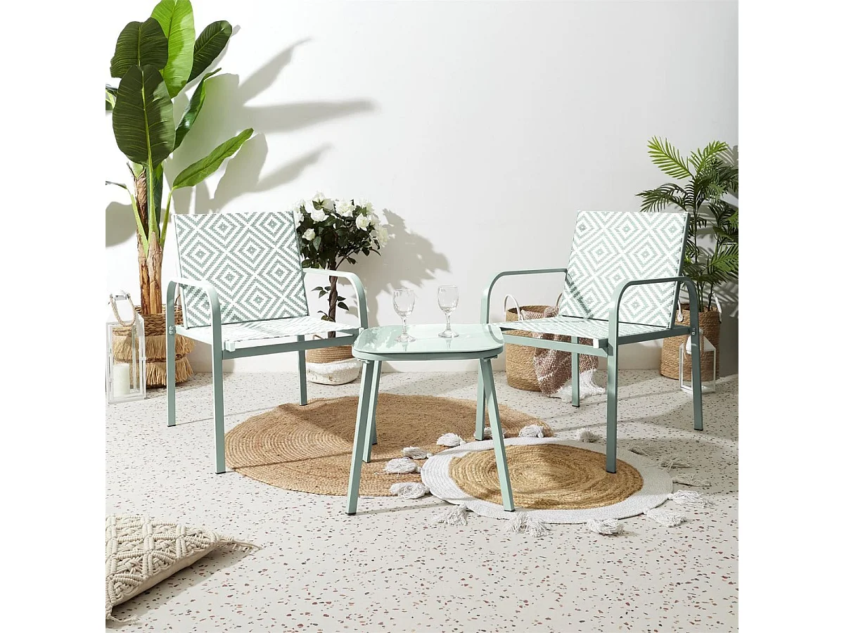Ensemble jardin 2 fauteuils avec table basse motifs graphiques verts d'eau - AZTEK
