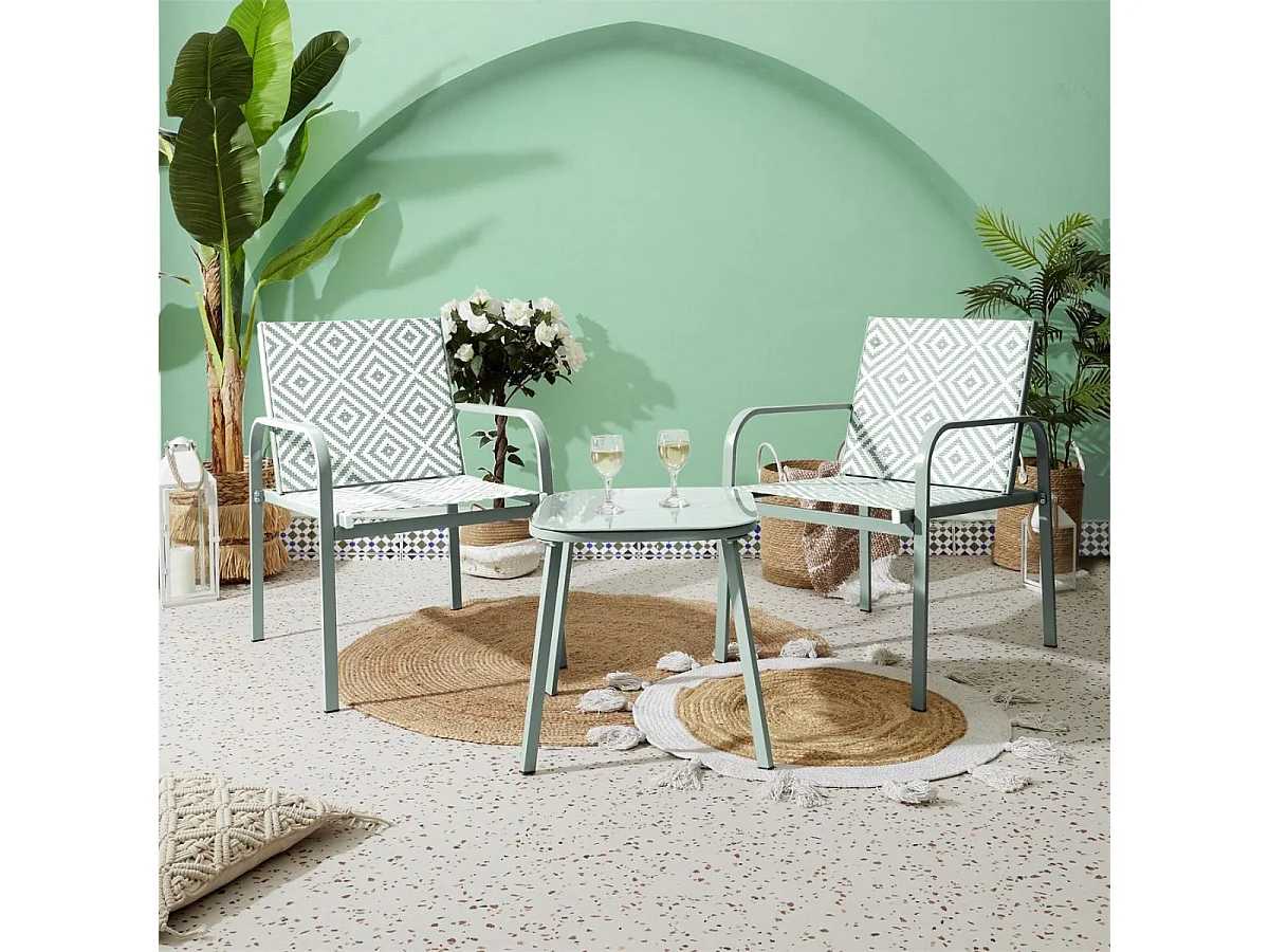 Ensemble jardin 2 fauteuils avec table basse motifs graphiques verts d'eau - AZTEK