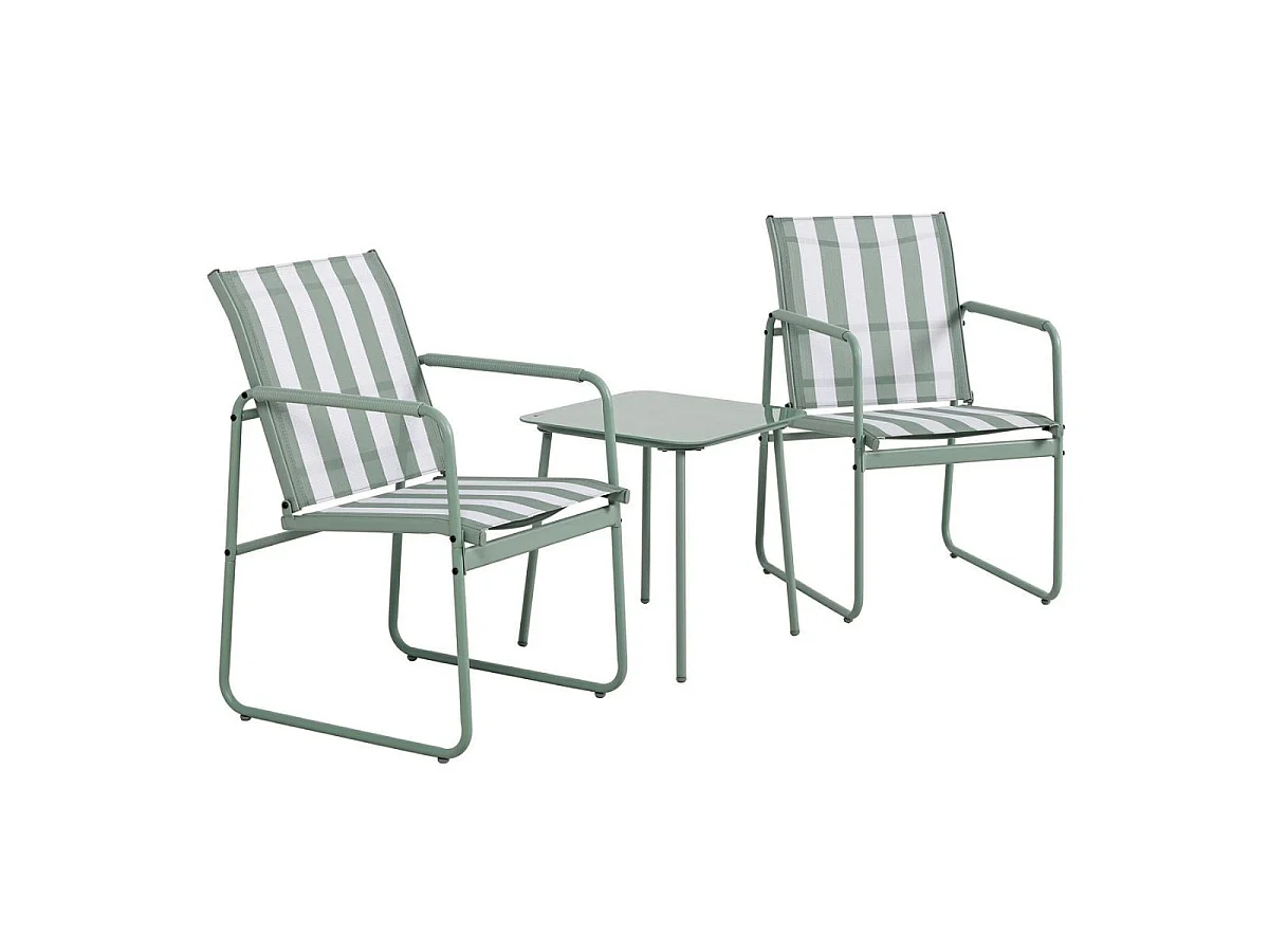 Ensemble jardin 2 fauteuils avec table basse motifs rayures vert et crème - CALICO