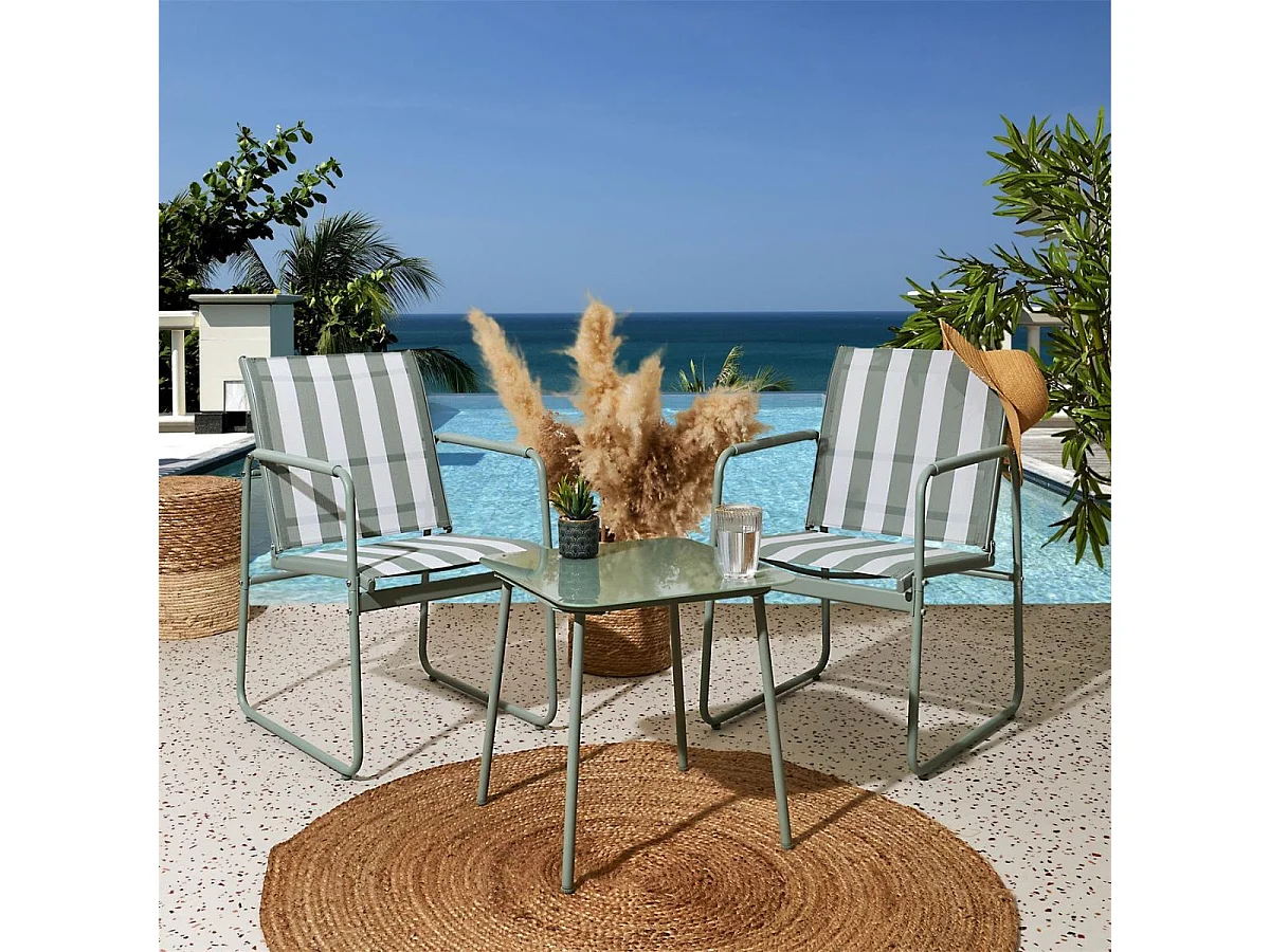 Ensemble jardin 2 fauteuils avec table basse motifs rayures vert et crème - CALICO