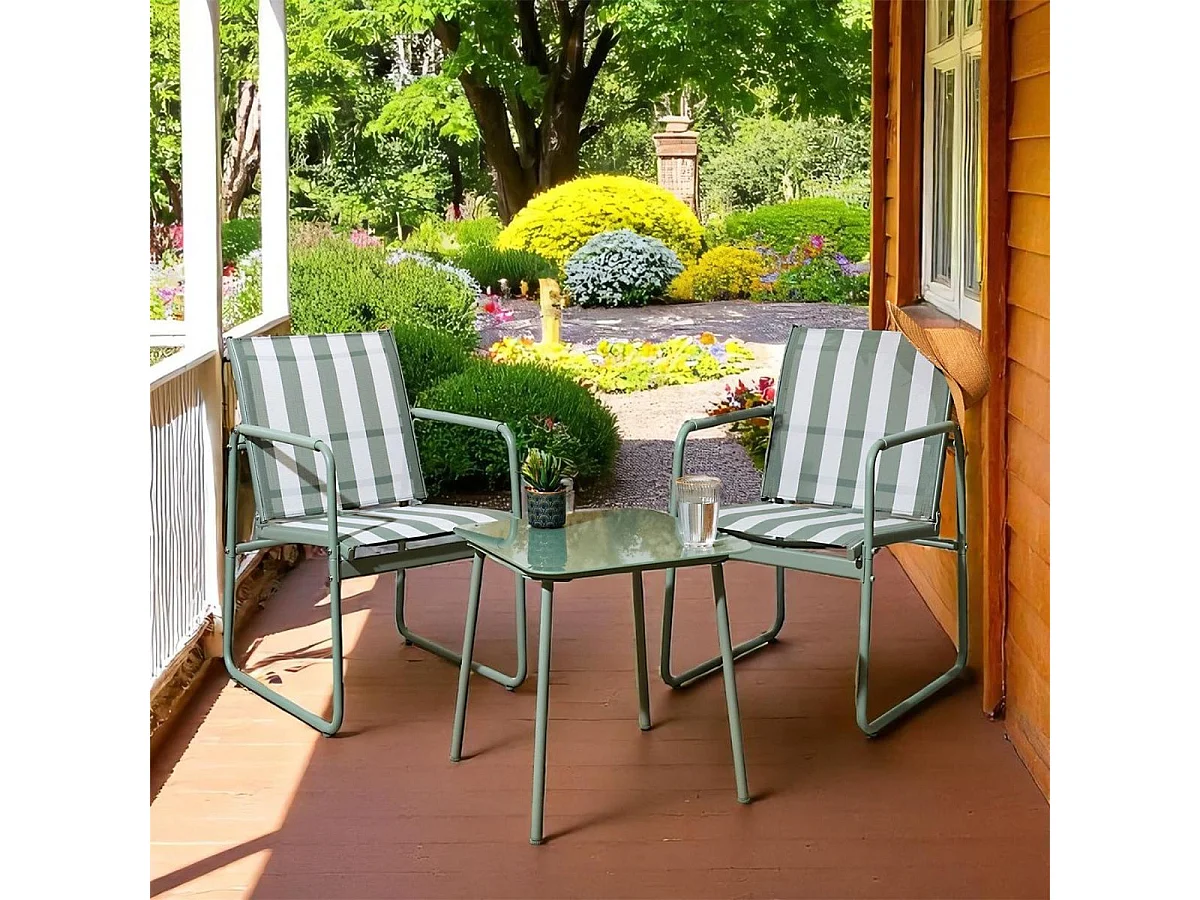 Ensemble jardin 2 fauteuils avec table basse motifs rayures vert et crème - CALICO