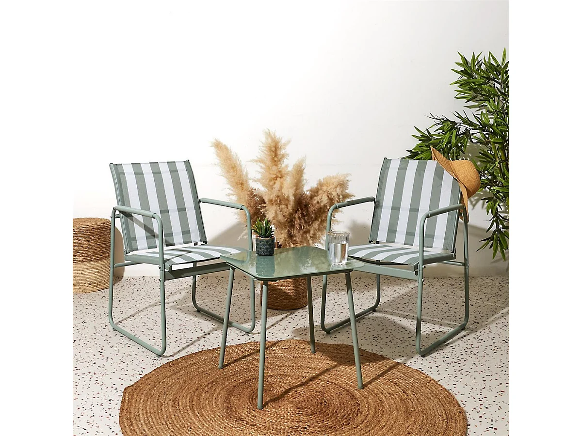 Ensemble jardin 2 fauteuils avec table basse motifs rayures vert et crème - CALICO