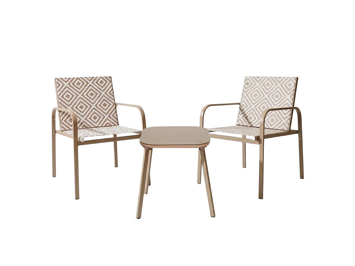Ensemble jardin 2 fauteuils avec table basse motifs graphiques moka - AZTEK