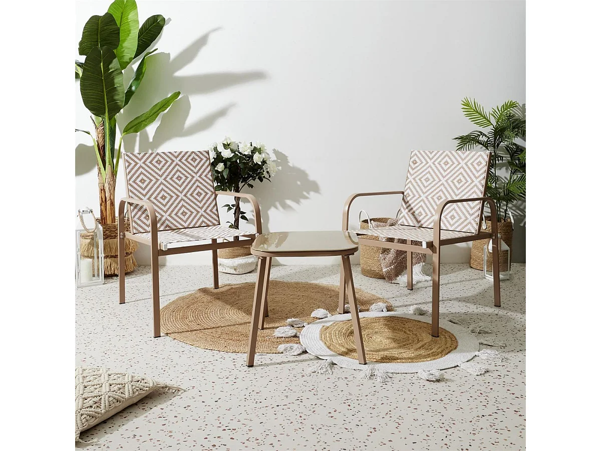 Ensemble jardin 2 fauteuils avec table basse motifs graphiques moka - AZTEK