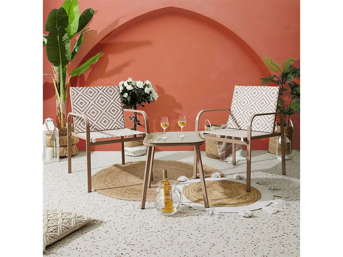 Ensemble jardin 2 fauteuils avec table basse motifs graphiques moka - AZTEK