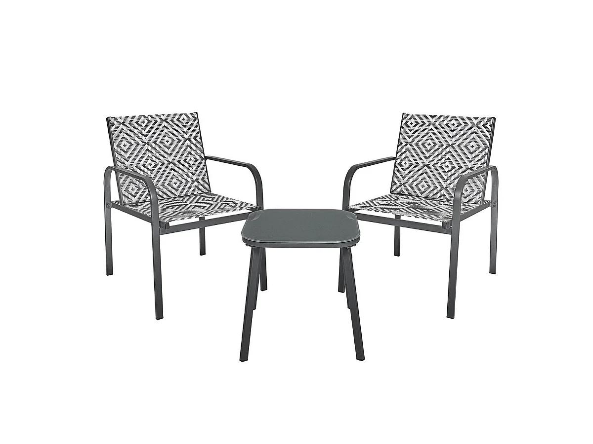 Ensemble jardin 2 fauteuils avec table basse motifs graphiques gris - AZTEK