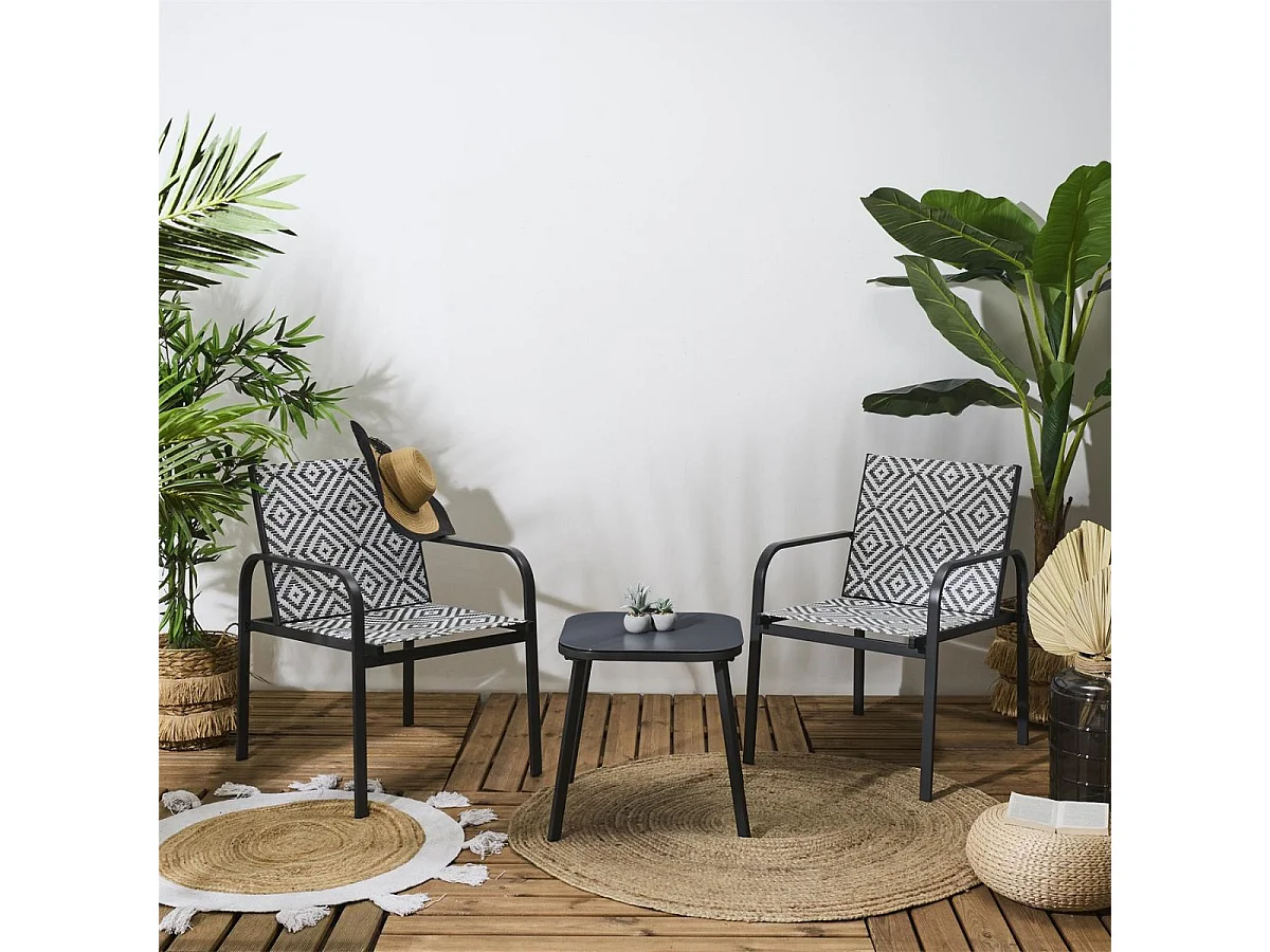 Ensemble jardin 2 fauteuils avec table basse motifs graphiques gris - AZTEK