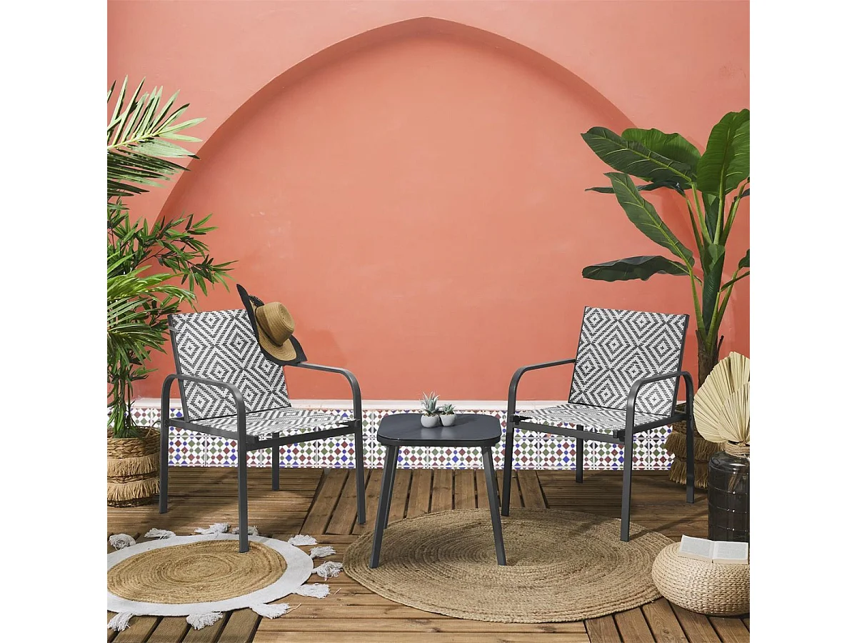Ensemble jardin 2 fauteuils avec table basse motifs graphiques gris - AZTEK