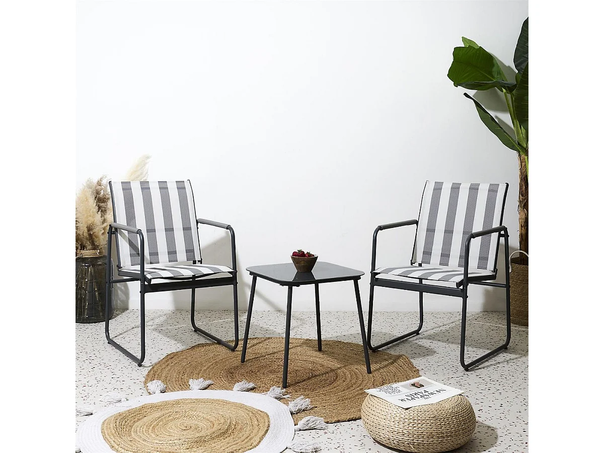 Ensemble jardin 2 fauteuils avec table basse motifs rayures gris - CALICO