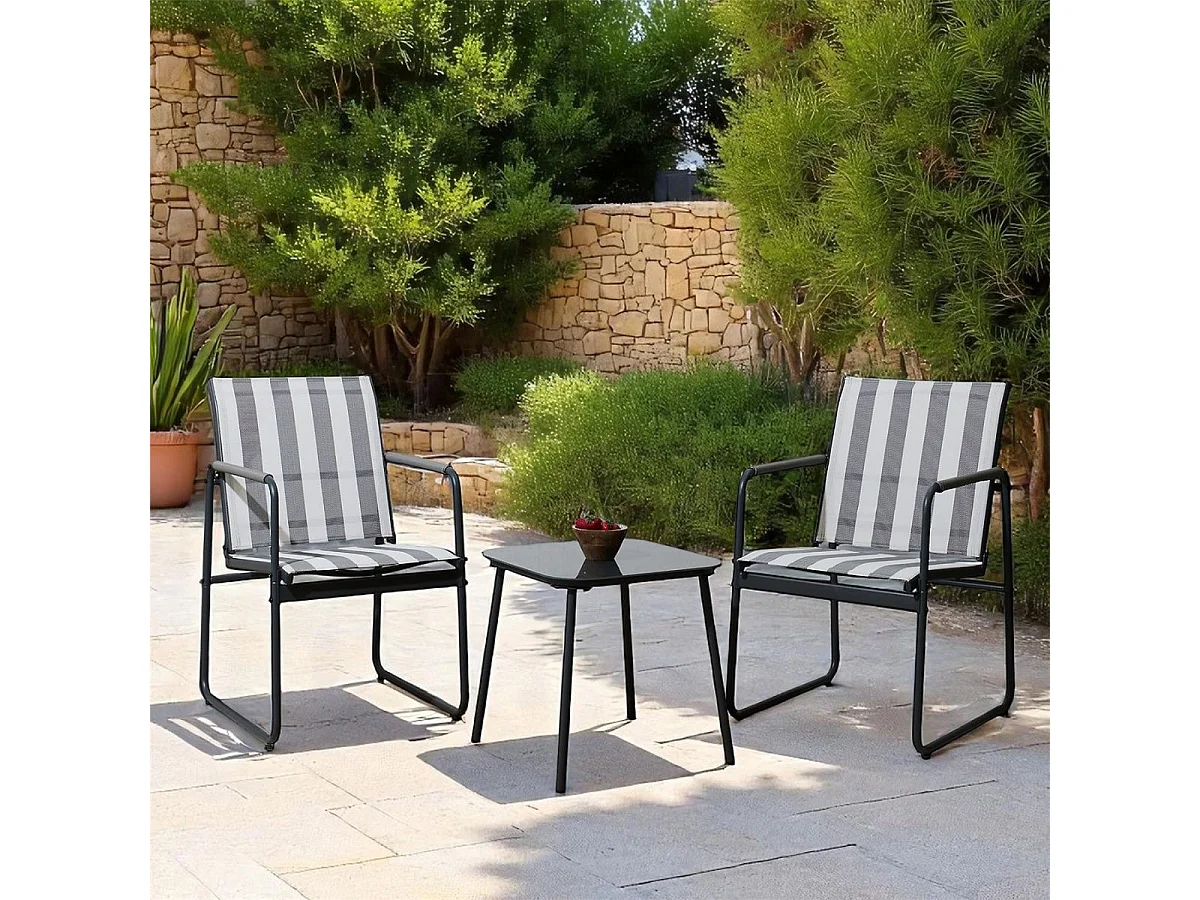 Ensemble jardin 2 fauteuils avec table basse motifs rayures gris - CALICO
