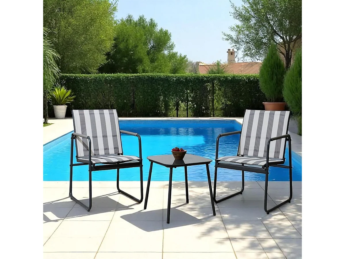 Ensemble jardin 2 fauteuils avec table basse motifs rayures gris - CALICO
