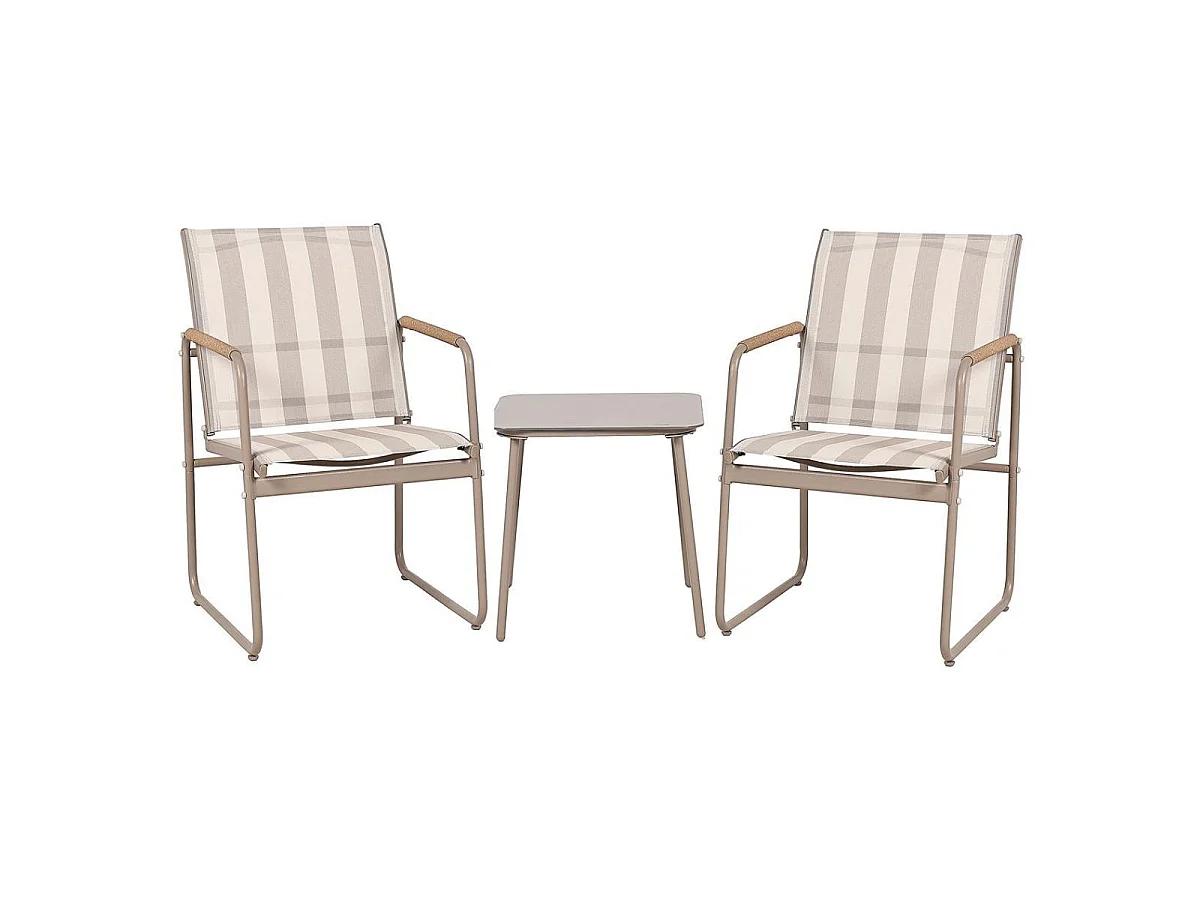 Ensemble jardin 2 fauteuils avec table basse motifs rayures moka et crème - CALICO