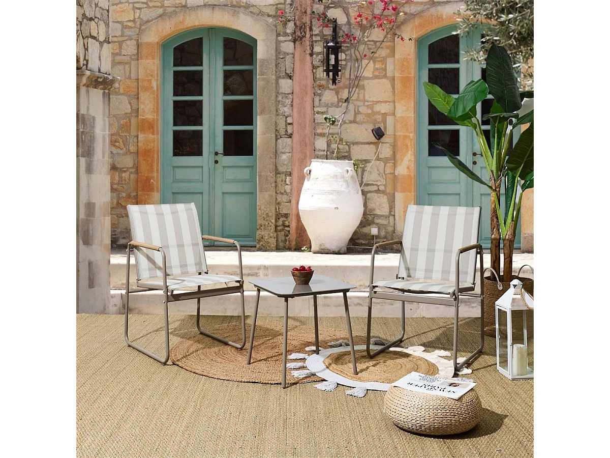 Ensemble jardin 2 fauteuils avec table basse motifs rayures moka et crème - CALICO