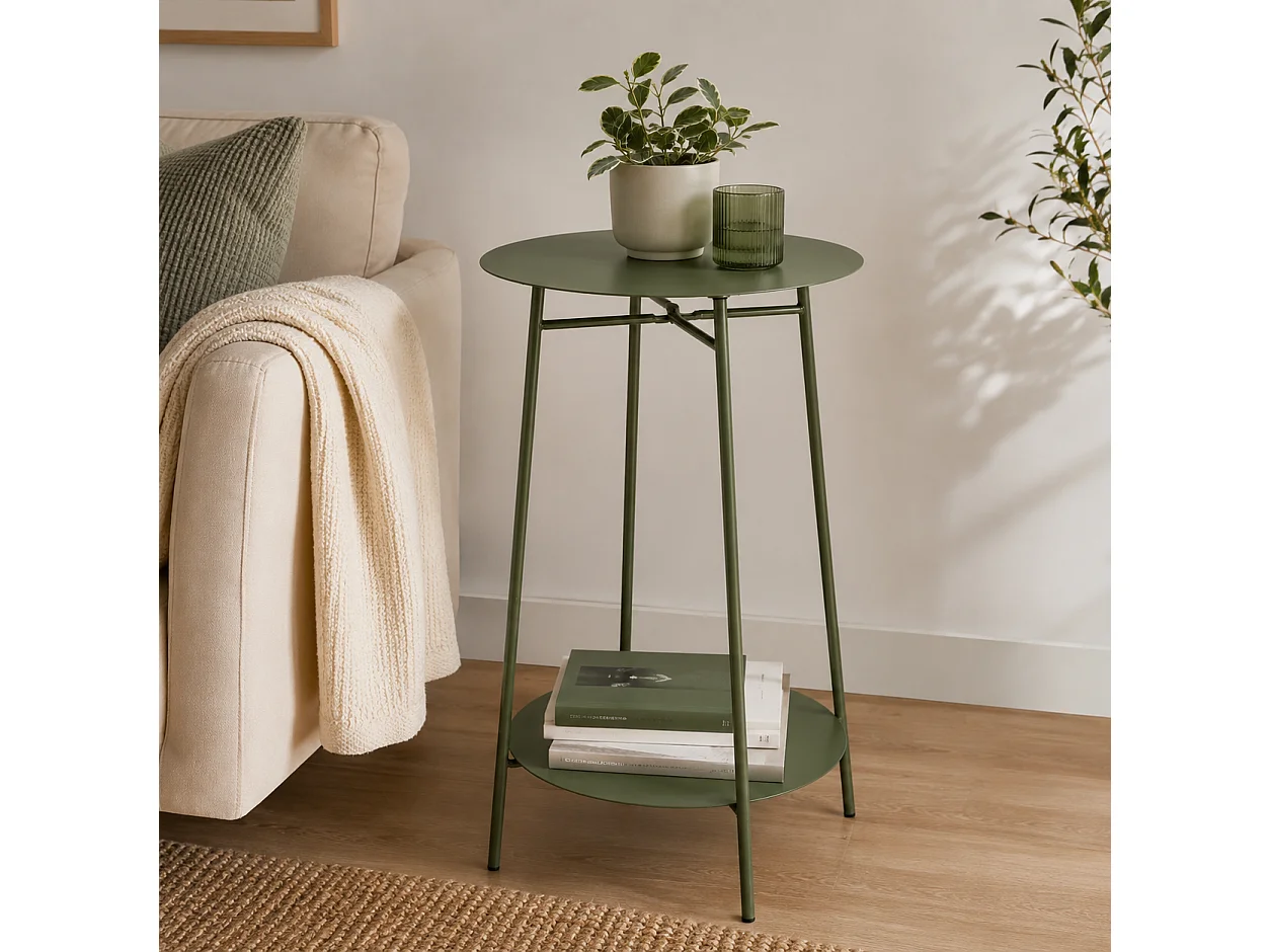 Table d'appoint à 2 Plateaux Rond en Métal, Sellette Porte-Plante pour Salon et Balcon, coloris Vert Olive - Longueur 30 x Profondeur 30 x Hauteur 60 cm   Juanio