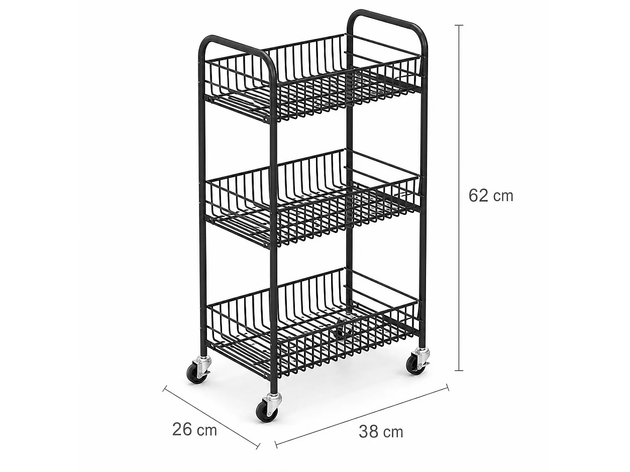 Desserte chariot de cuisine empilable à 3 niveaux avec roulettes pivotantes,noir-Longueur 38 x Profondeur 26 x Hauteur 62 cm