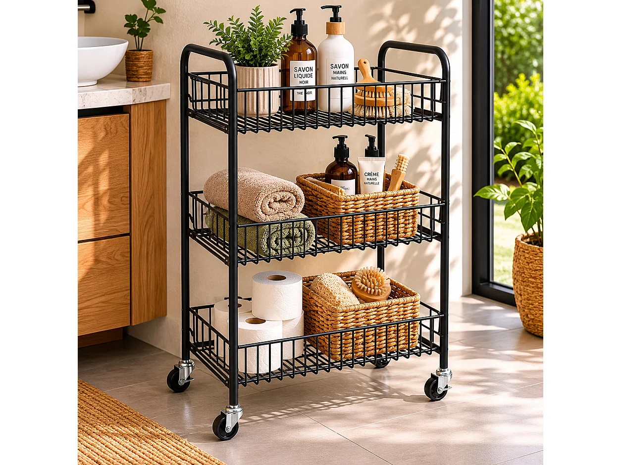 Desserte chariot de cuisine empilable à 3 niveaux avec roulettes pivotantes,noir-Longueur 38 x Profondeur 26 x Hauteur 62 cm